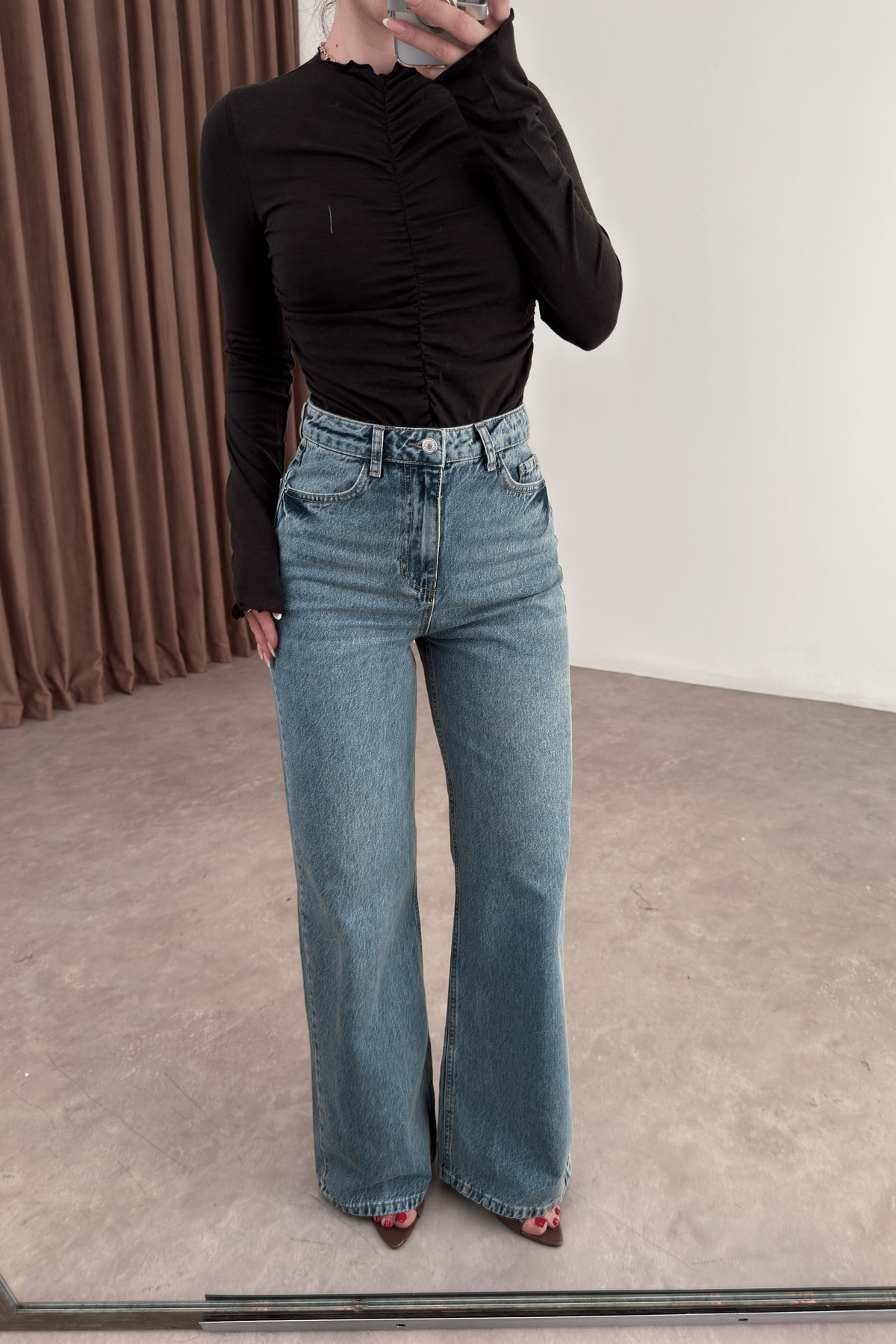 Orijinal Marka  Vintage Yeşil Yıkama Straight Leg Yüksek Belli Jean