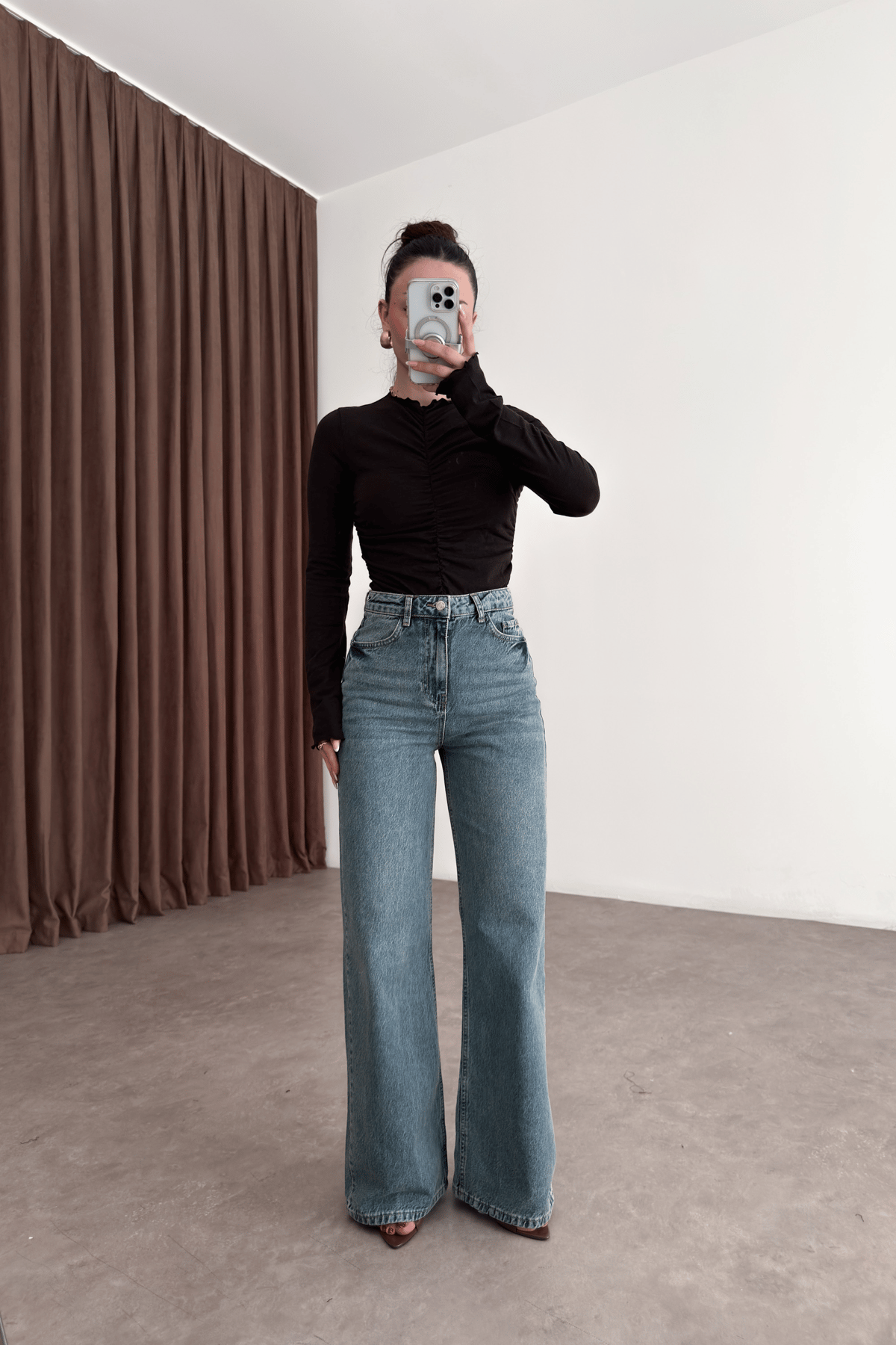 Orijinal Marka  Vintage Yeşil Yıkama Straight Leg Yüksek Belli Jean