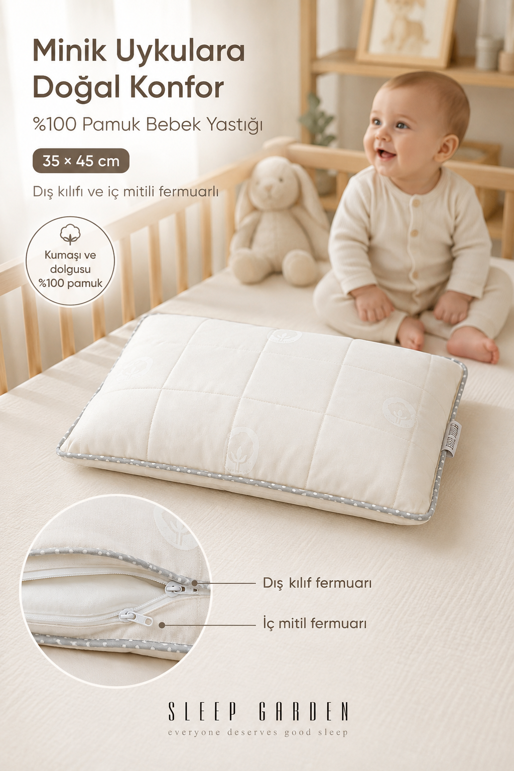 Sleep Garden %100 Organik Pamuk Bebek Yastık 35x45 Cm Tela ÇantalıSleep Garden %100 organik pamuk bebek yastığı 35x45 cm tela çantalı olarak satın al! Sleep Garden markasının özenle ürettiği bu ürünü hemen incele. sleepgarden.com.tr'ye göz atSleep Garden