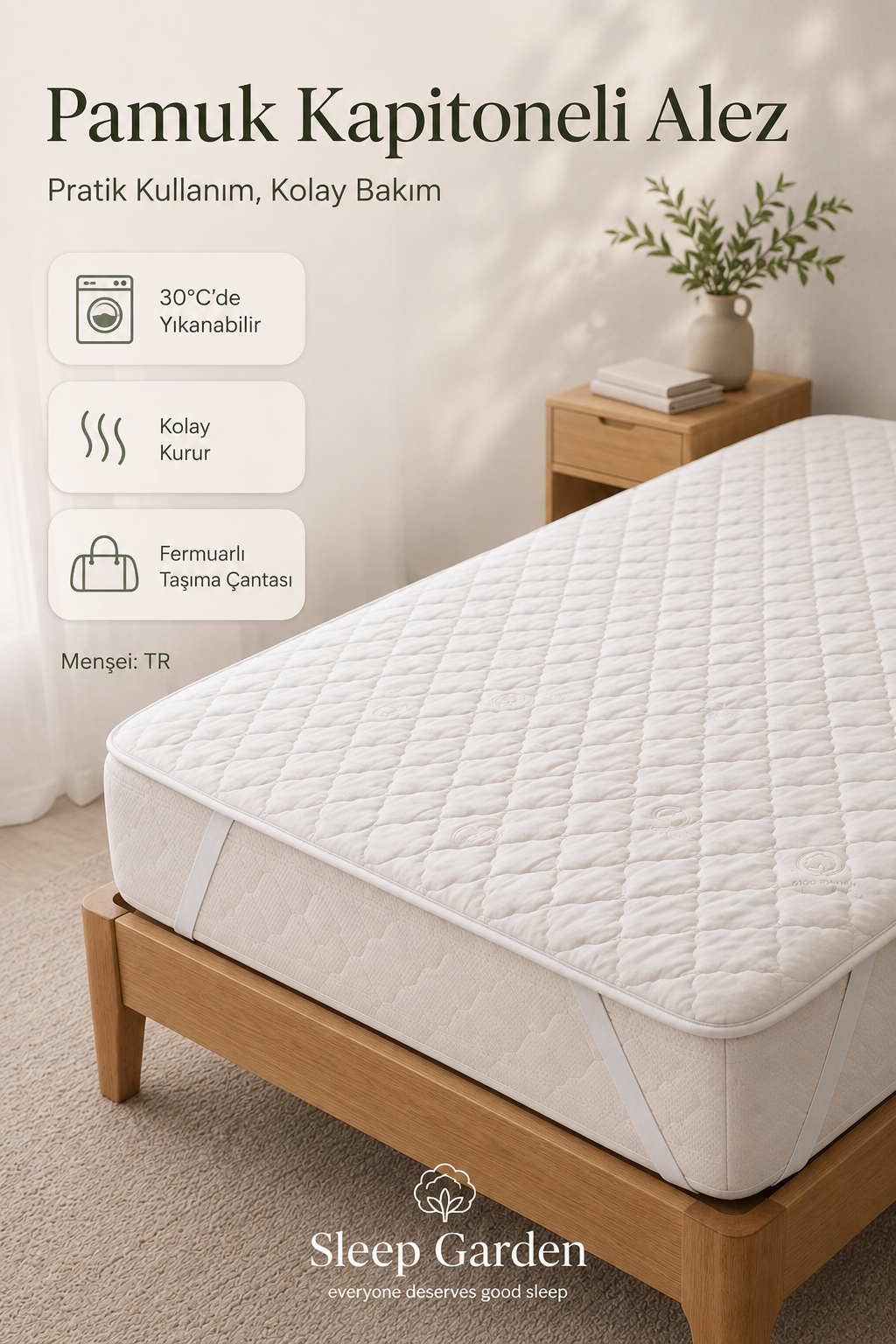Sleep Garden %100 Pamuk Kapitoneli Köşe Lastikli Yatak Koruyucu Alez Sleep Garden Pamuk Dört Köşe Lastikli Yatak Alezi Çantalı Sleep Garden