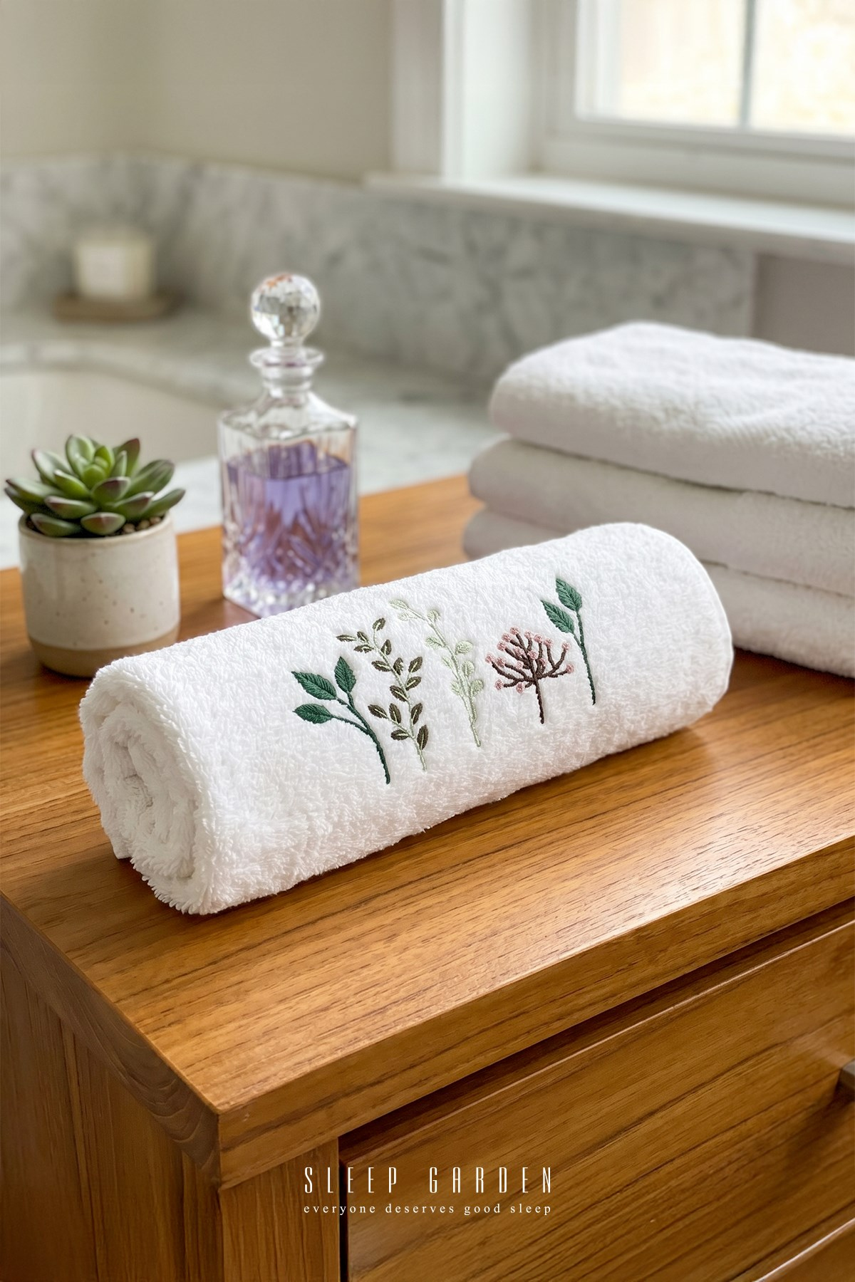 Sleep Garden %100 Pamuk Nakışlı Tasarım Yaprak Desen El ve Yüz Havlusu 50x90 cm Sleep Garden