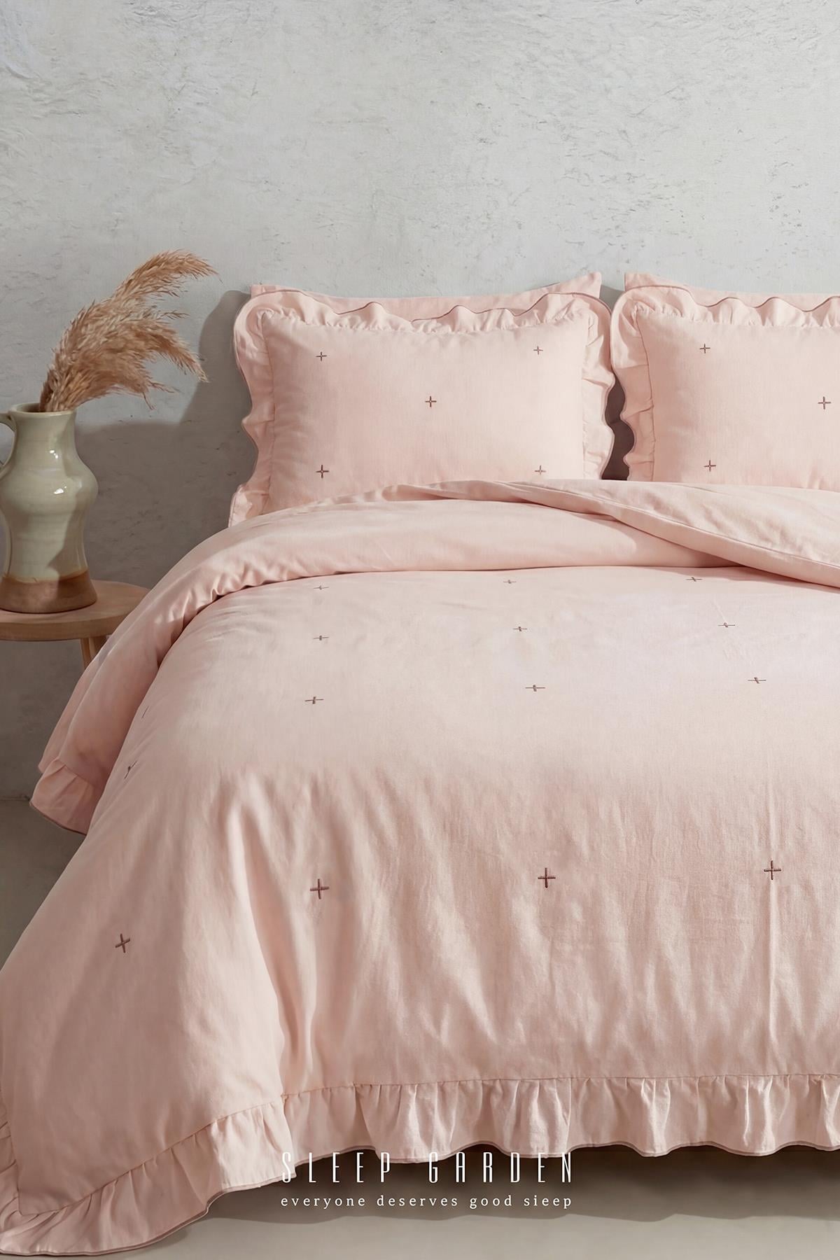 Sleep Garden Esen Nevresim Takımı %100 Pamuk Artı Desenli Pembe Sleep Garden