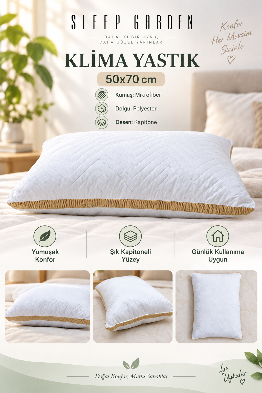 Sleep Garden Klimalı Kapitoneli Antialerjik Yastık 50x70 cm 800 GrSleep Garden