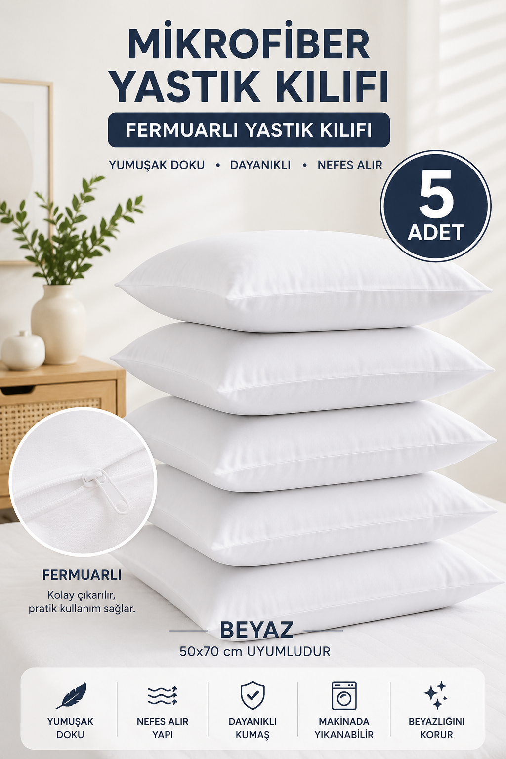 Sleep Garden Mikrofiber Dayanıklı Fermuarlı Beyaz Yastık Mitili İç Kılıf 50*70cm 5 AdetSleep Garden Fermuarlı Beyaz Pamuklu Yastık Mitili İç Kılıf 50x70 cm 5 AdetSleep Garden