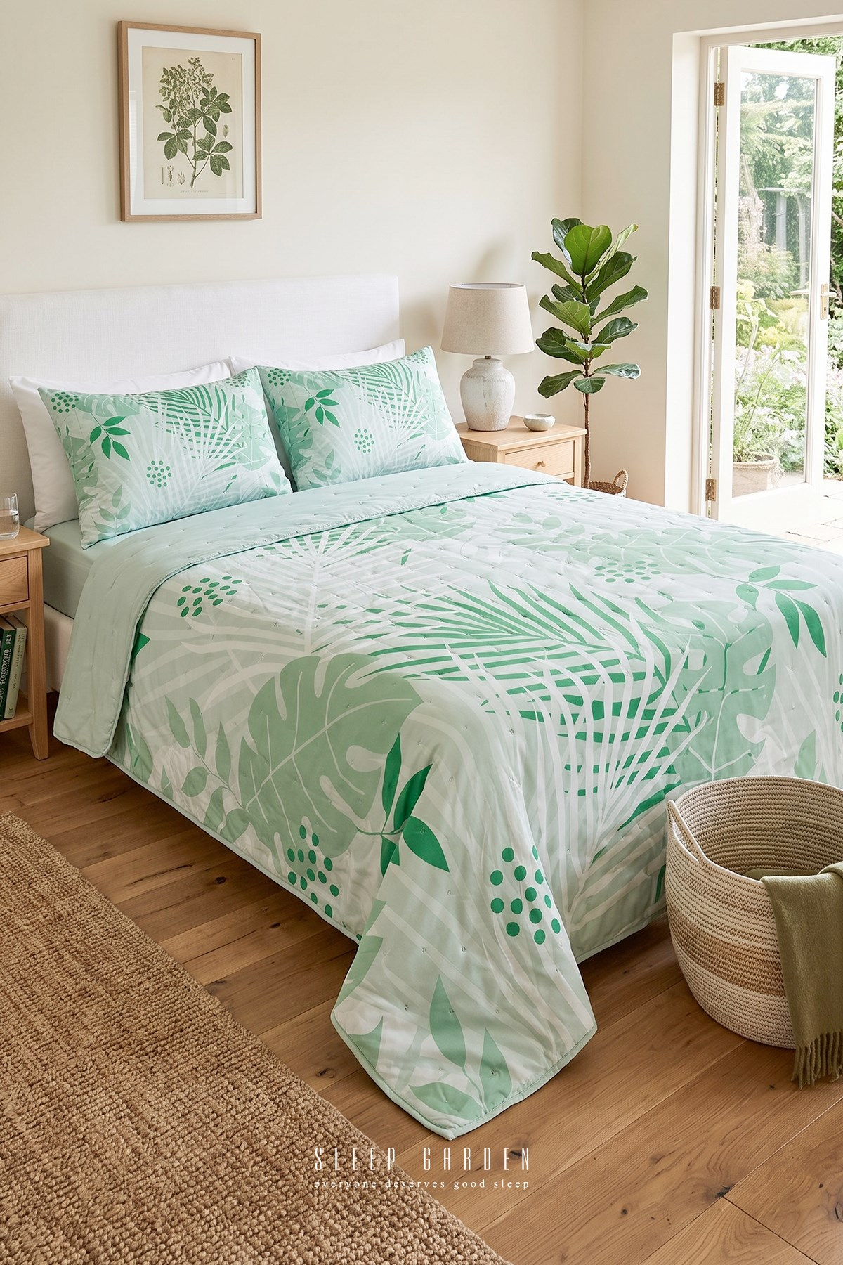 Sleep Garden Palvena Yeşil Yaprak Desenli Kapitoneli Yatak Örtüsü Sleep Garden