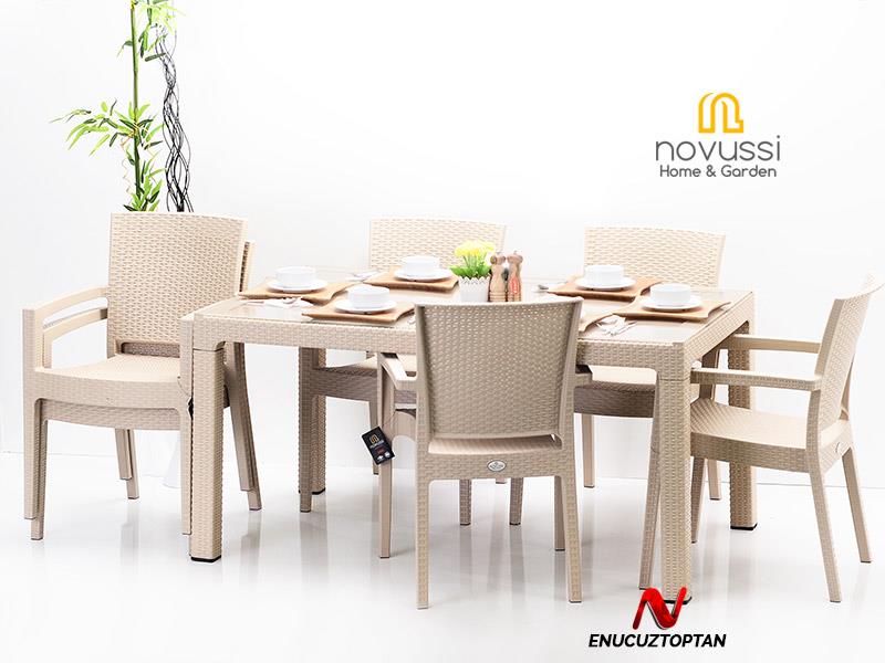 Novussi Liverno Set Rattan Camlı 90x150 Masa + 6 Adet Paris Koltuk Sandalye Antrasit | ID6325