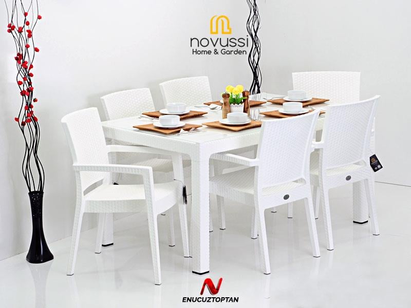 Novussi Liverno Set Rattan Camlı 90x150 Masa + 6 Adet Paris Koltuk Sandalye Antrasit | ID6325