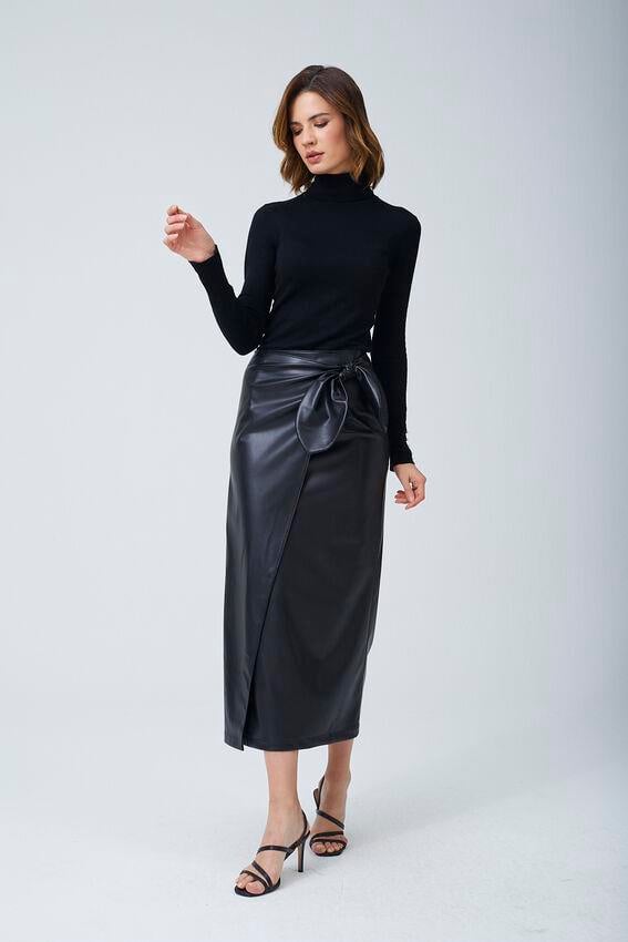 Fiyonk Deri Etek Siyah