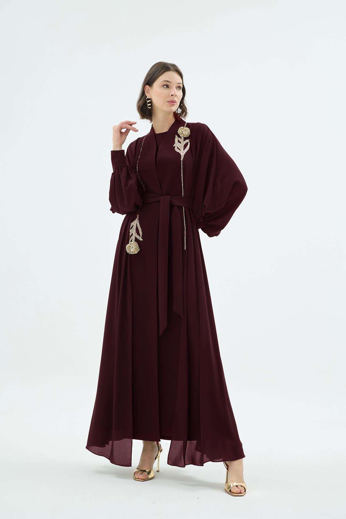 Karla El İşçiliği Gül Motifli Taş İşleme Abaya Bordo