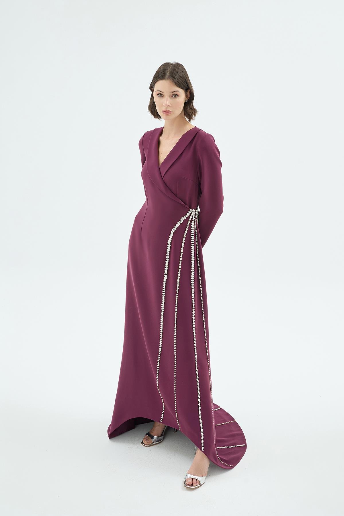 Noa El İşçiliği Taş Şerit Detaylı Elbise Mürdüm