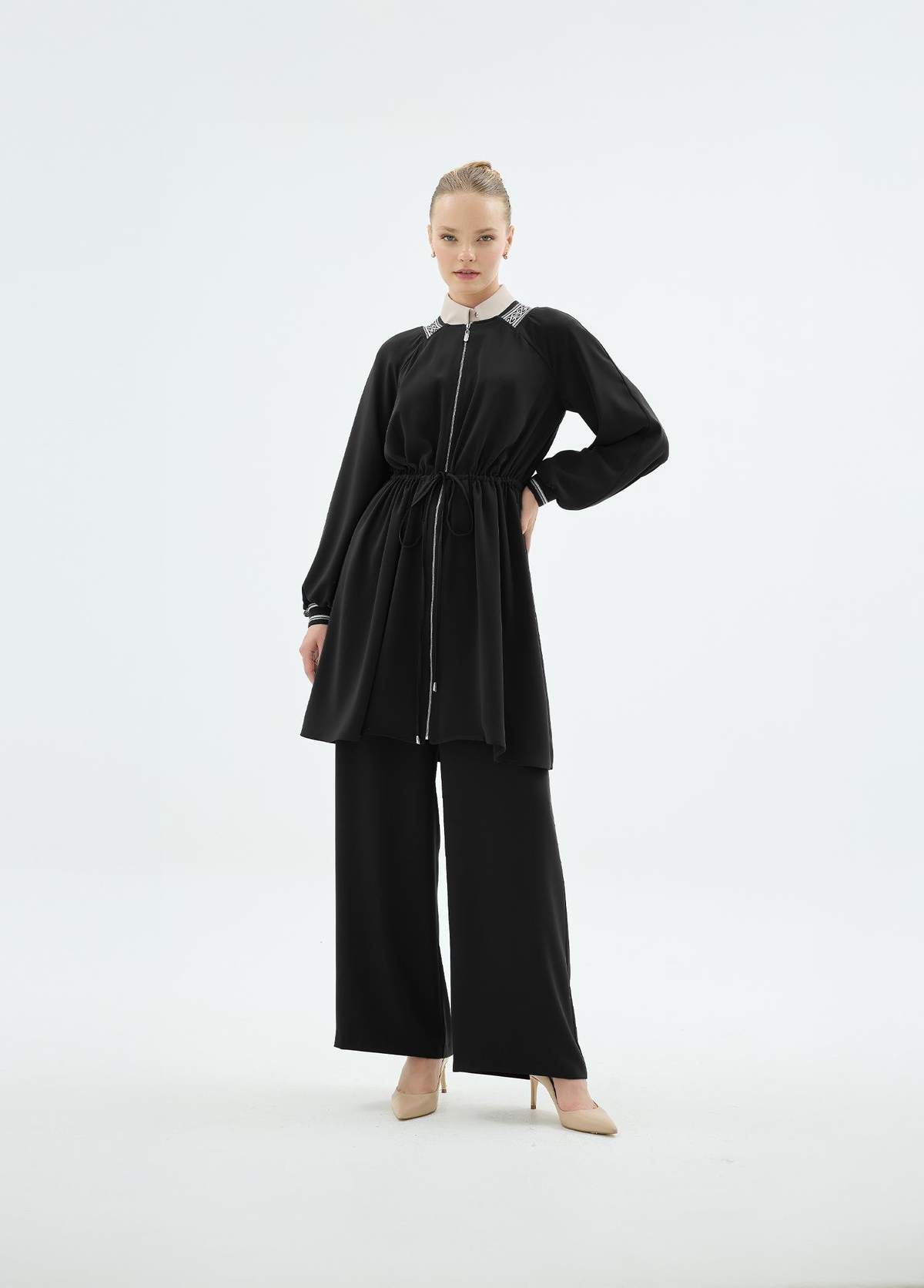 Vilma Ribanali Önü Fermuarlı Tunik ve Bol Paça Pantolon 2'li Takım Siyah