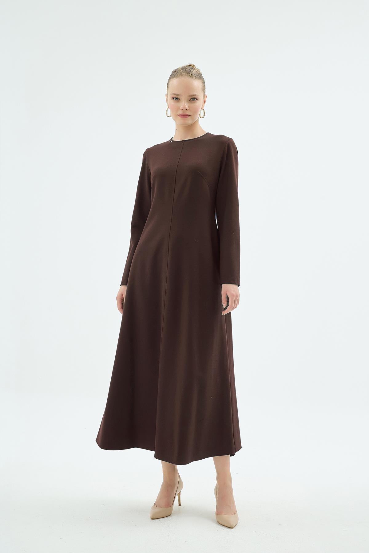 Zeya Bisiklet Yaka Uzun Kol Elbise Kahve
