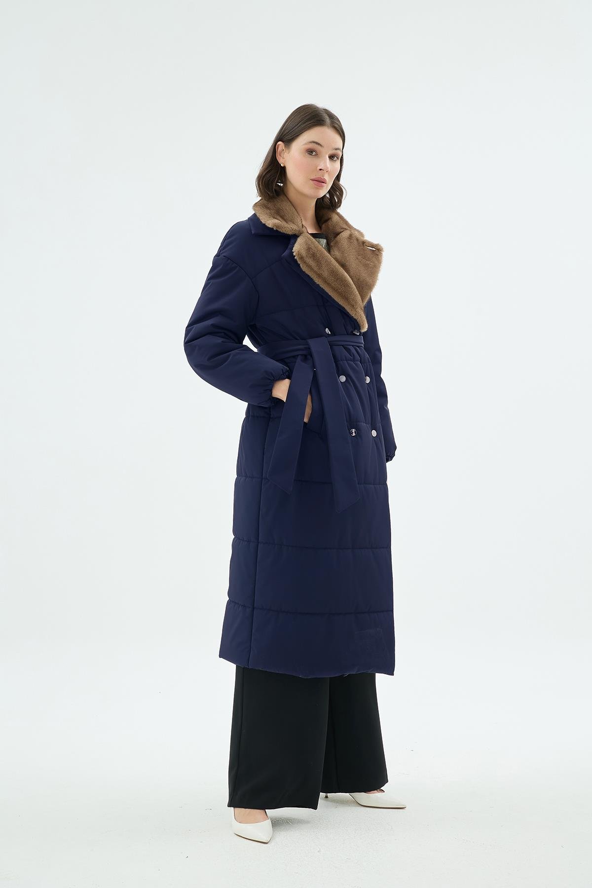 Brina Kürk Yakalı Şişme Trençkot Lacivert-SD261061043002