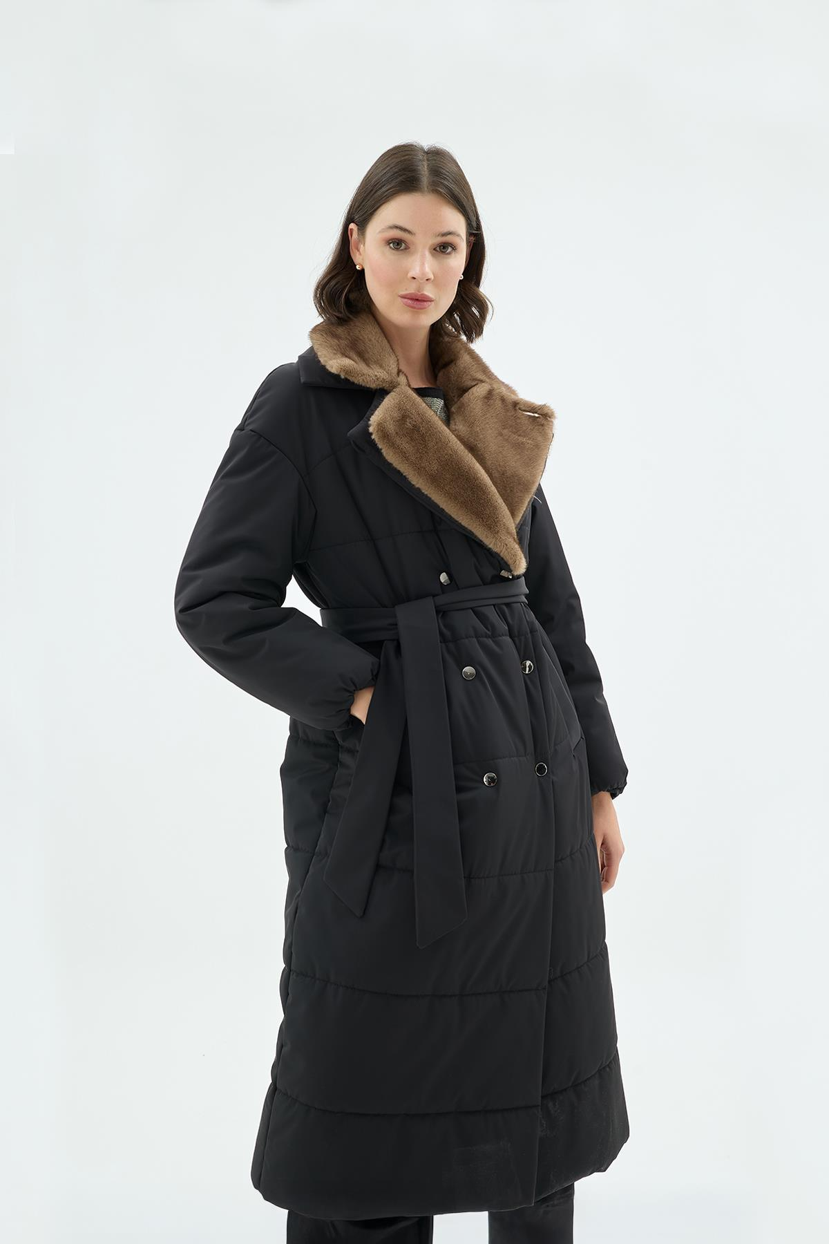 Brina Kürk Yakalı Şişme Trençkot Siyah-SD261061043002