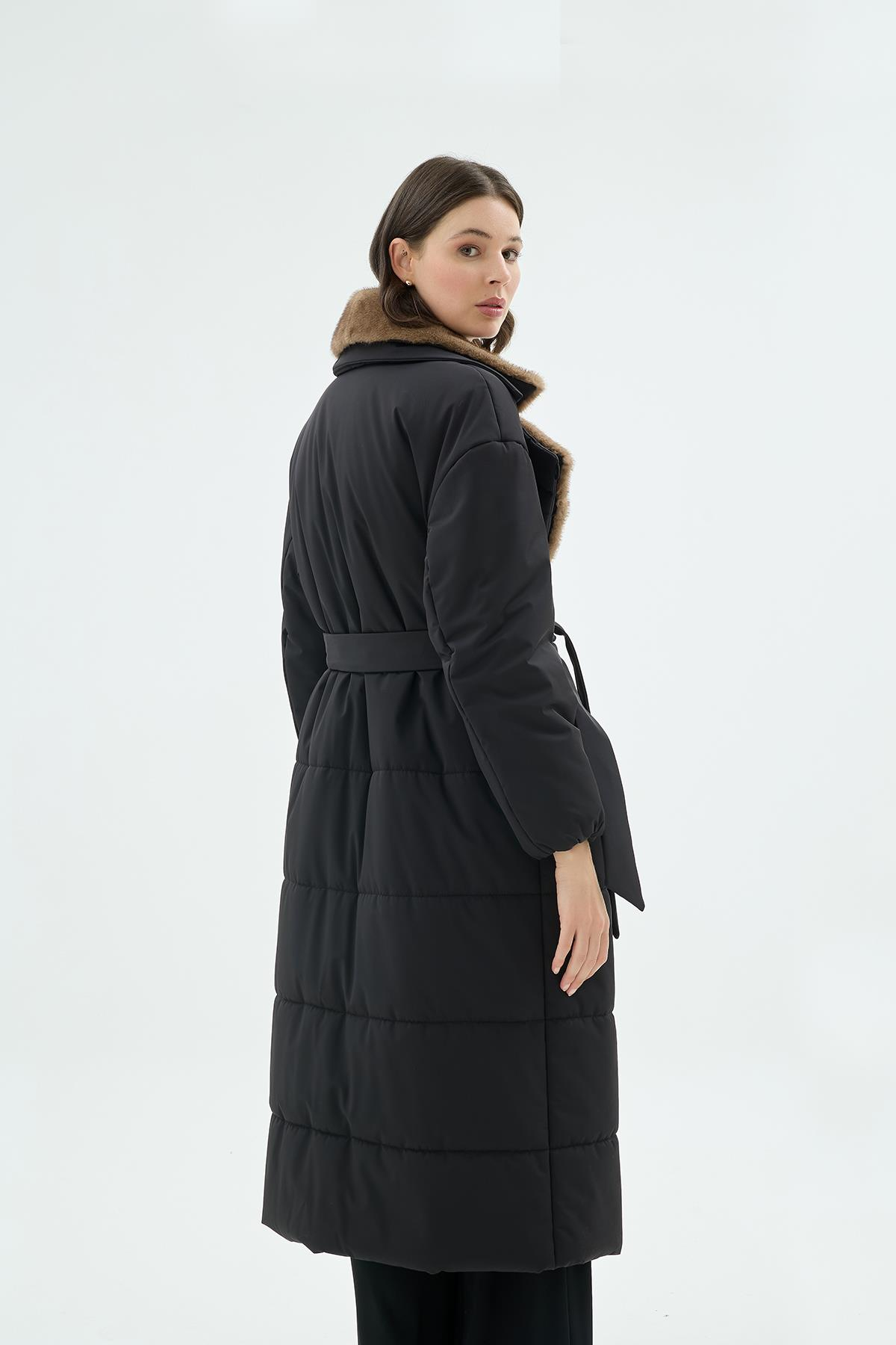 Brina Kürk Yakalı Şişme Trençkot Siyah-SD261061043002