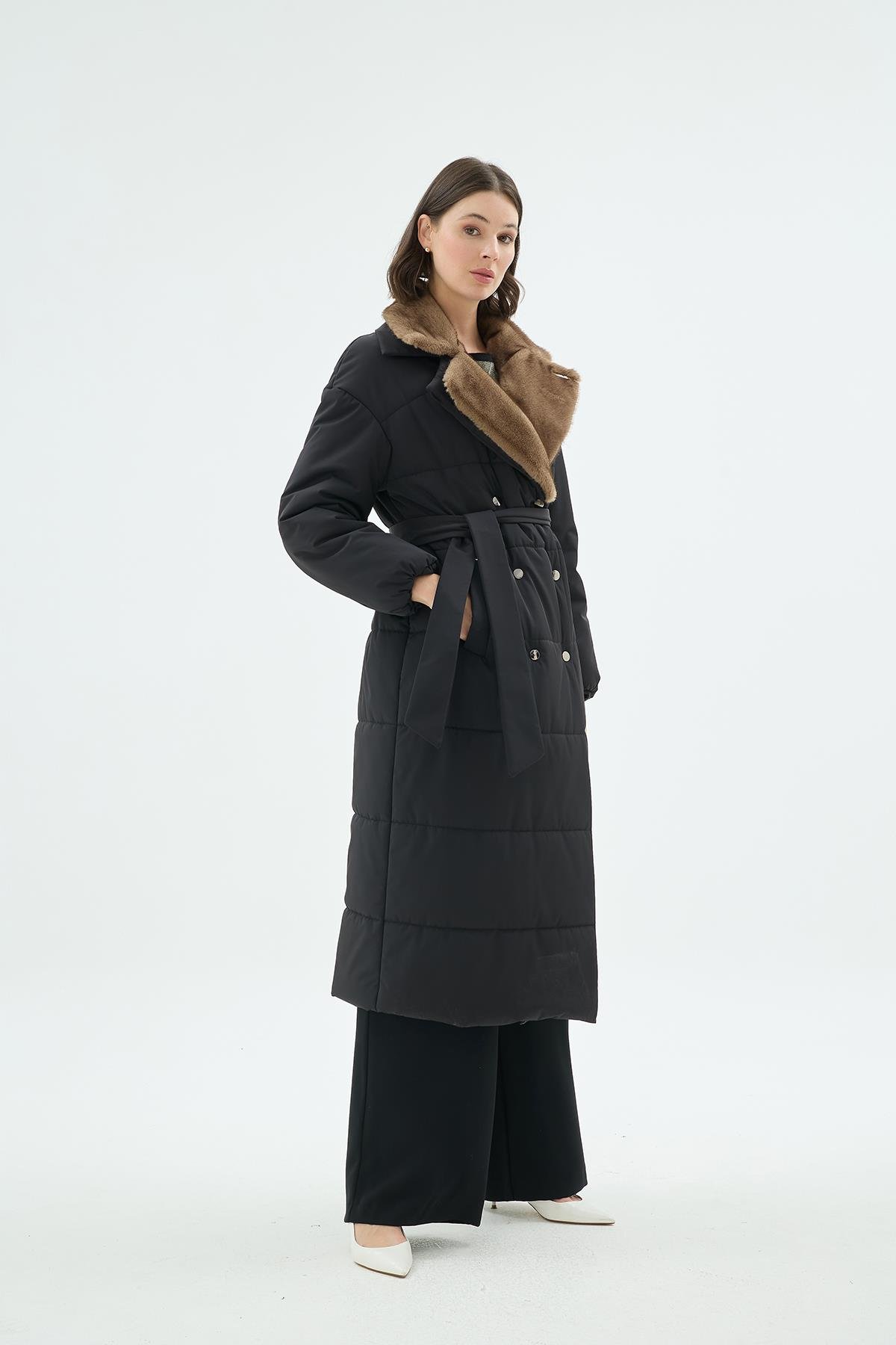 Brina Kürk Yakalı Şişme Trençkot Siyah-SD261061043002