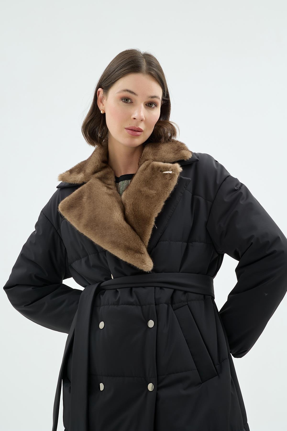 Brina Kürk Yakalı Şişme Trençkot Siyah-SD261061043002