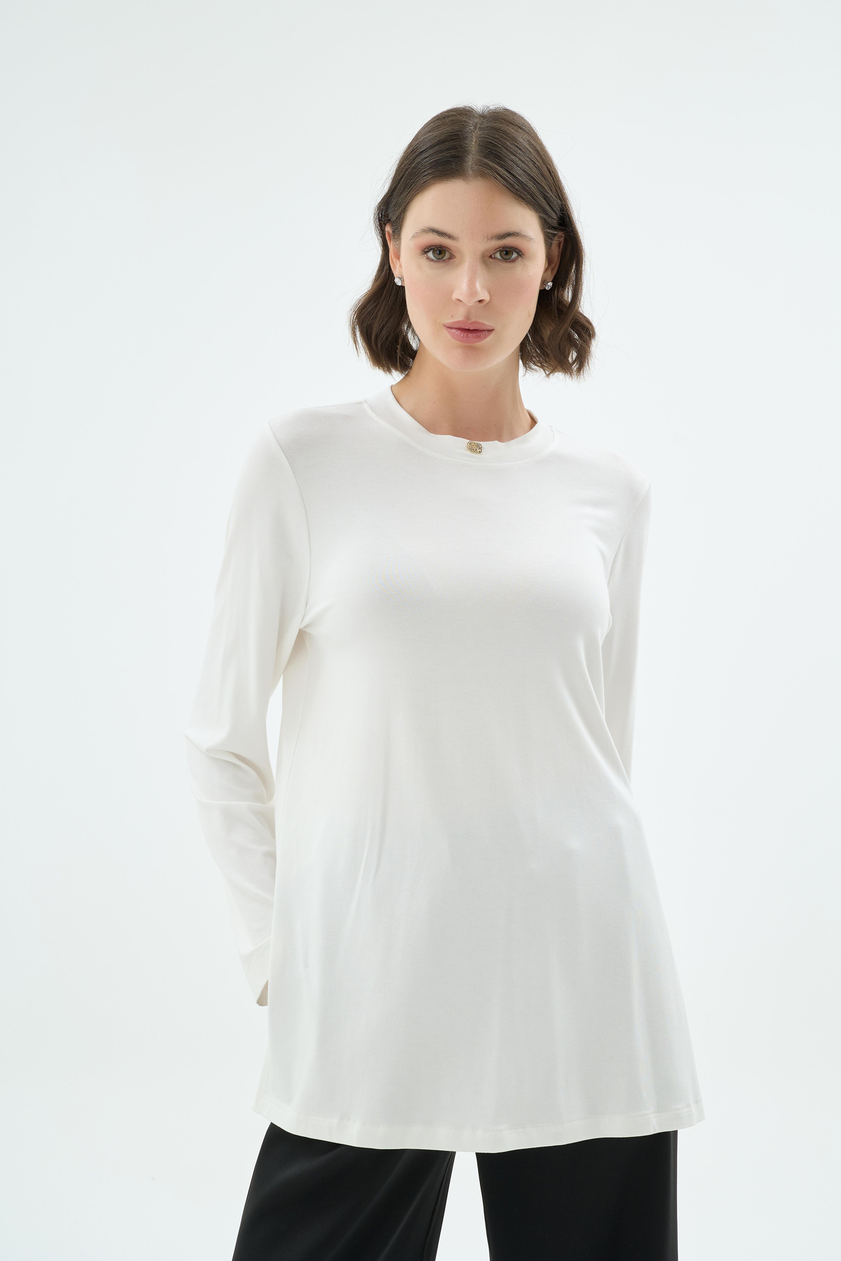 Celina Yandan Yirtmaçli Uzun Kol Body Ekru