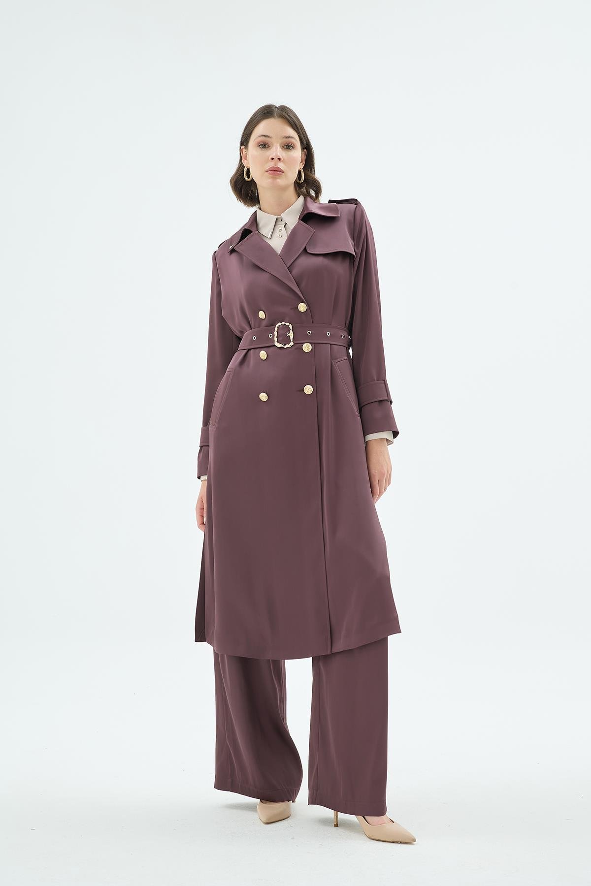 Gigi Kemer Detaylı Kurvaze Uzun Trençkot Kahve