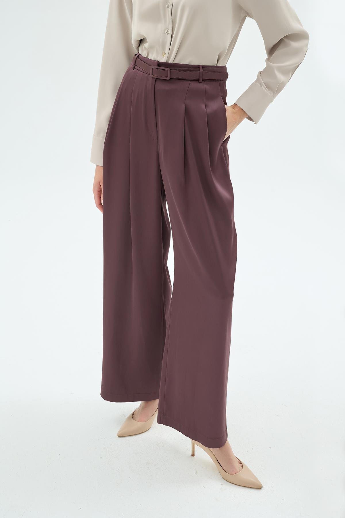 Gigi Yüksek Bel Bol Paça Kemerli Pantolon Kahve