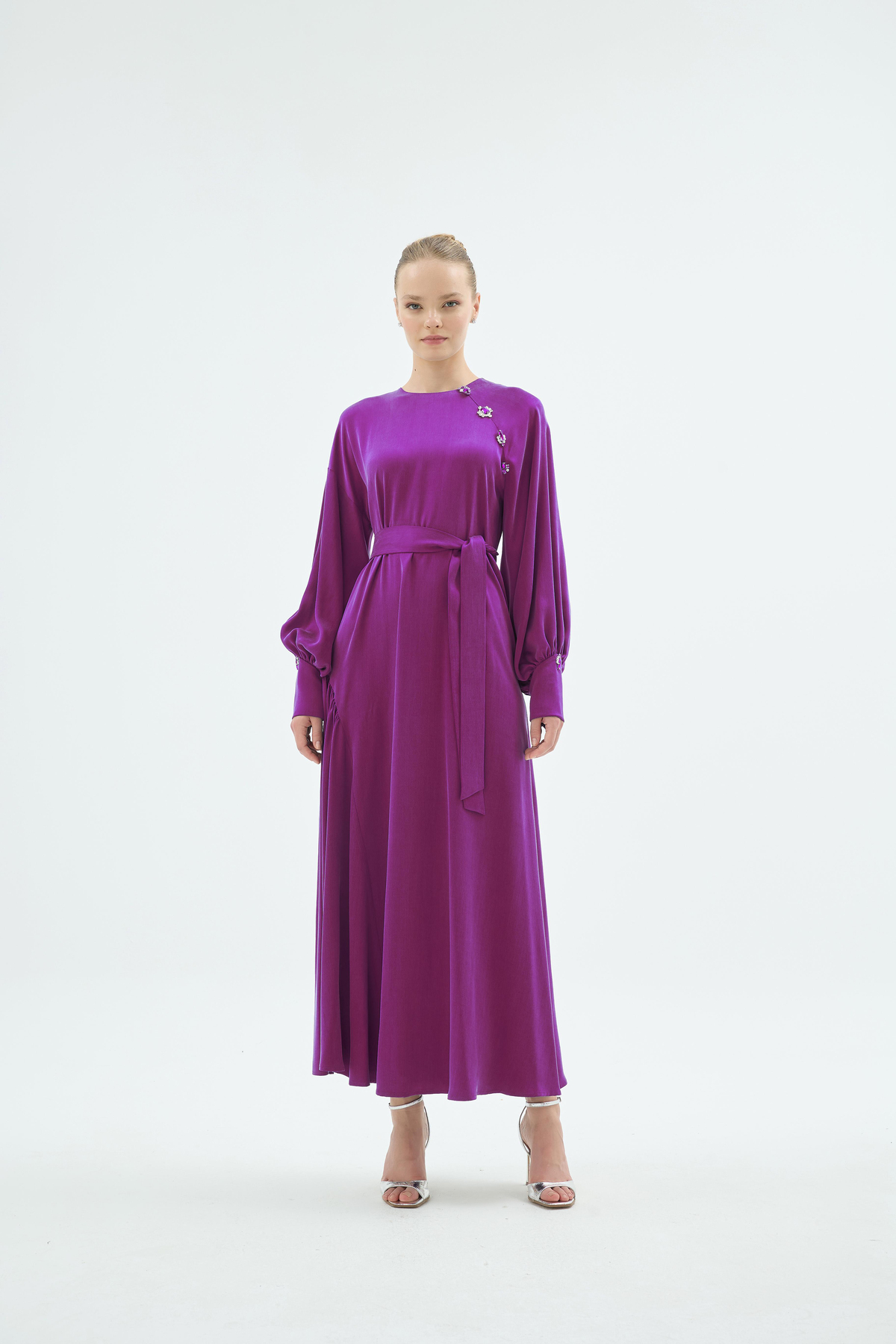 Larin Taş Detaylı Balon Kol Elbise Fuşya