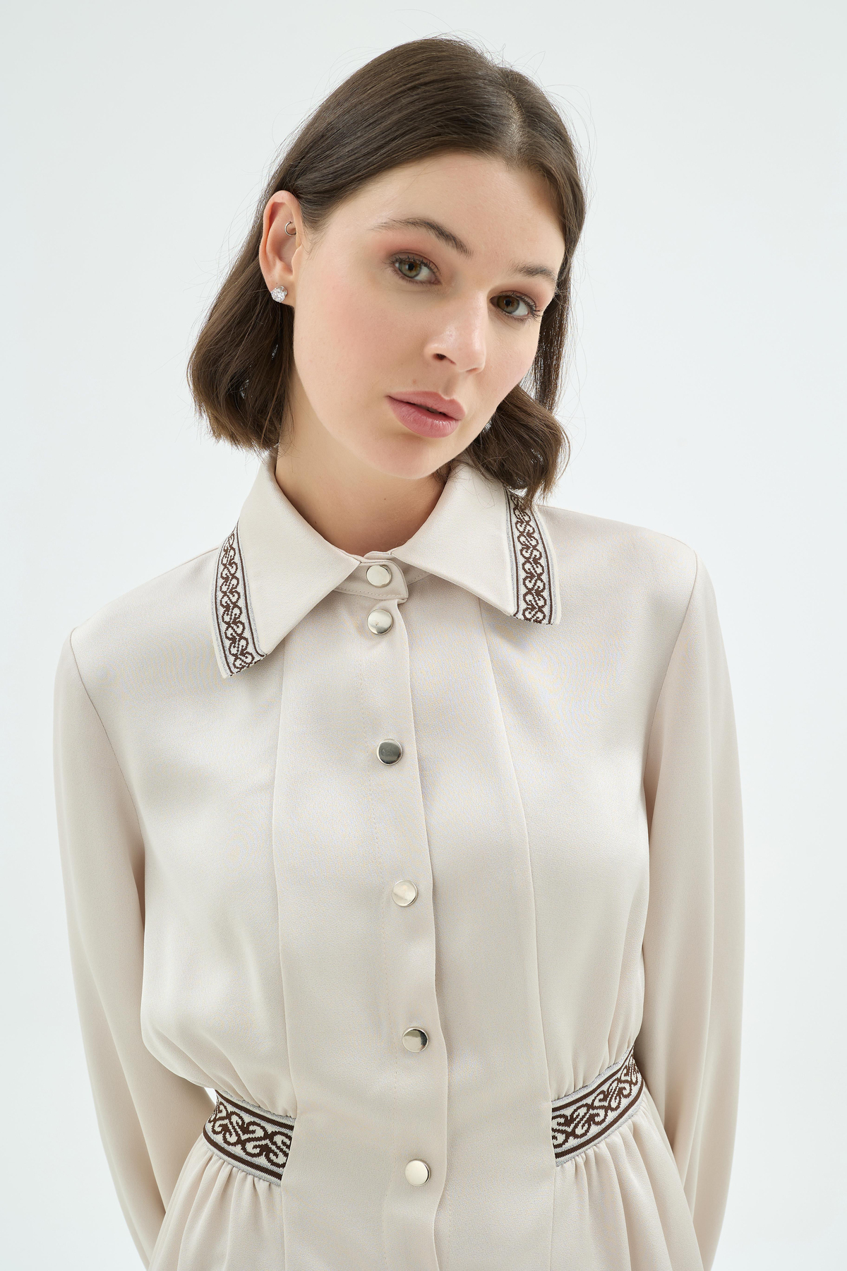 Liza Ribana Detaylı Yakalıli Tunik ve Bol Paça Pantolon 2'li Takım Taş