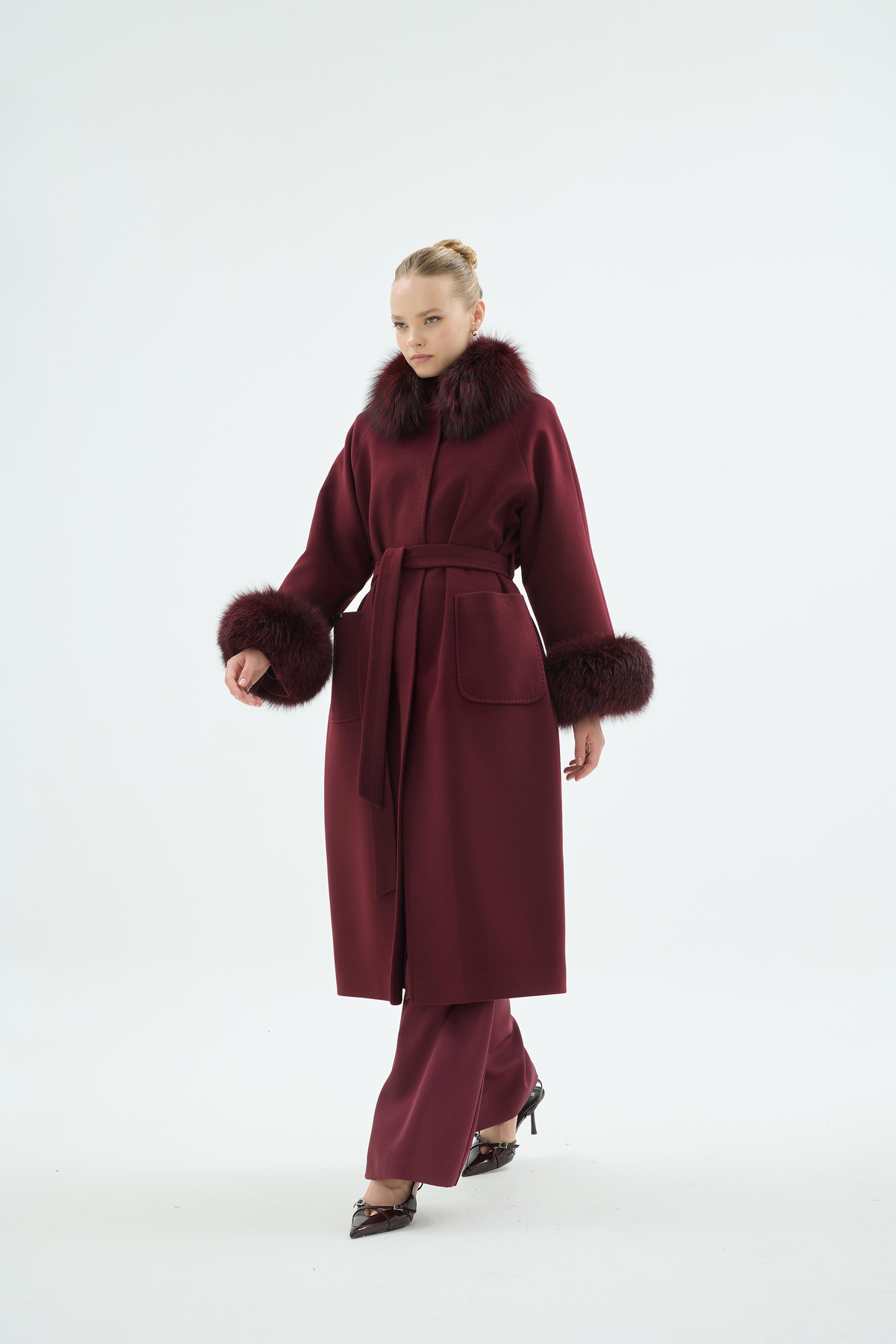 Lunara Kürk Yakalı Ve Kürk Manşetli Kaban Bordo