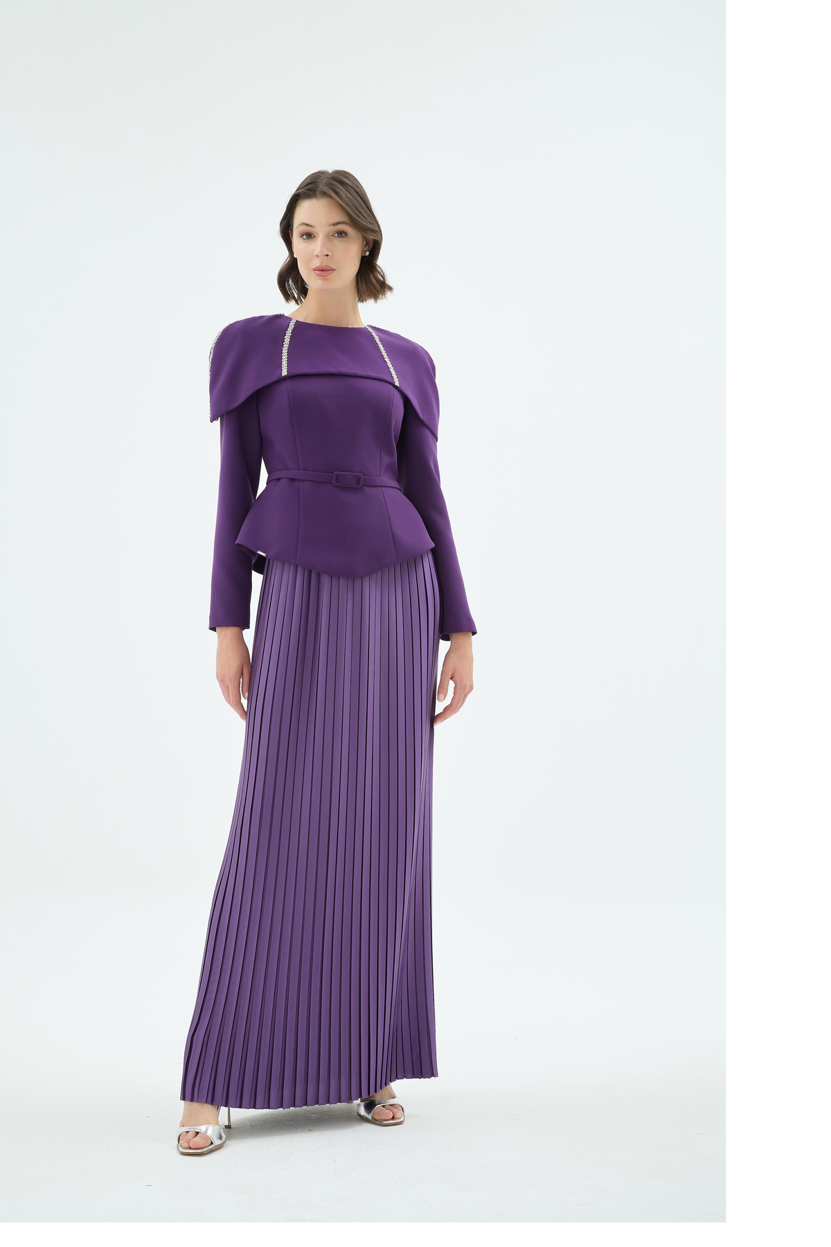 Majeste Fonksiyonel Taş İşlemeli Pelerin Detaylı ve Etekli Abiye 2'li Takım Mor