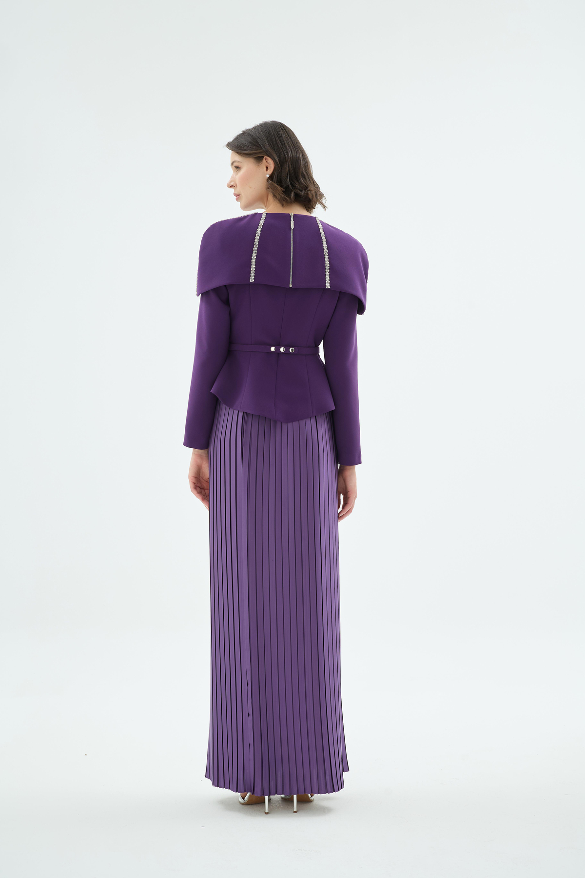 Majeste Fonksiyonel Taş İşlemeli Pelerin Detaylı ve Etekli Abiye 2'li Takım Mor