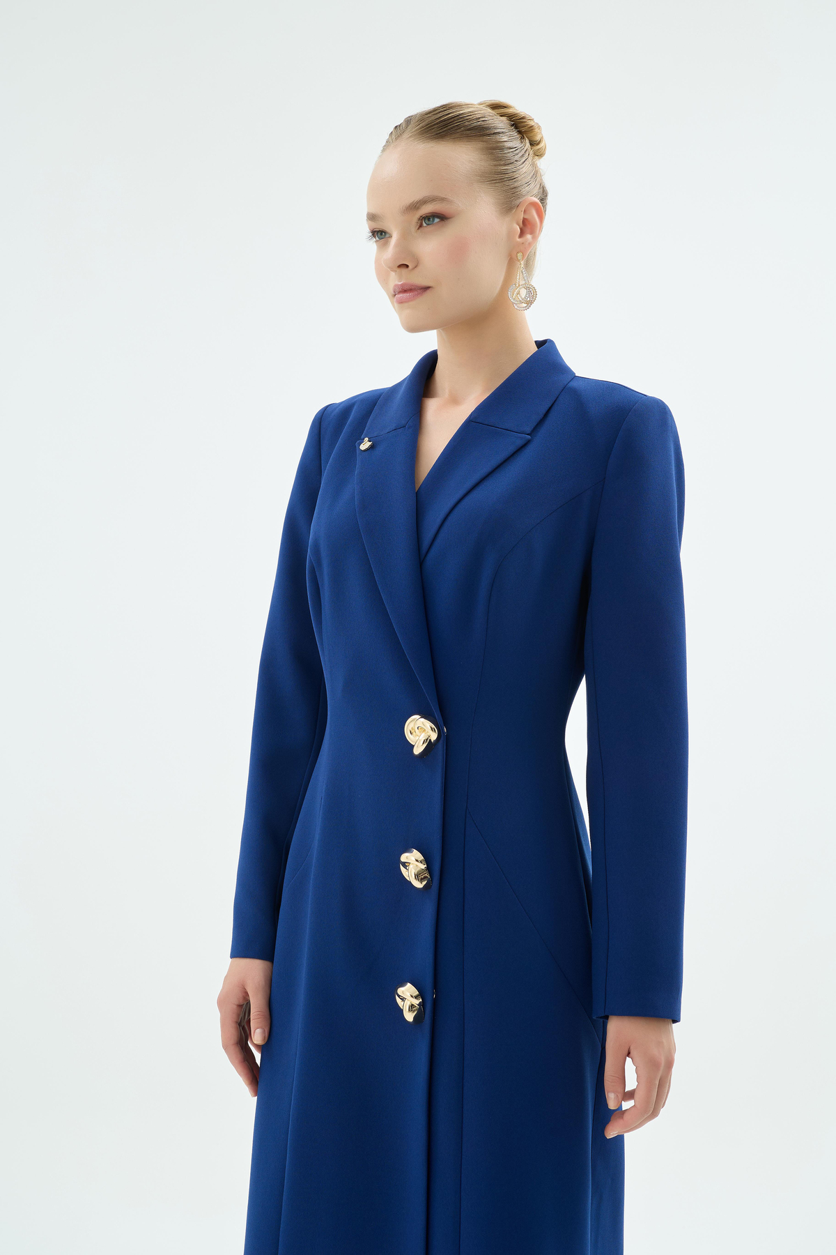 Marin Dore Düğmeli Ceket Yaka Elbise Lacivert