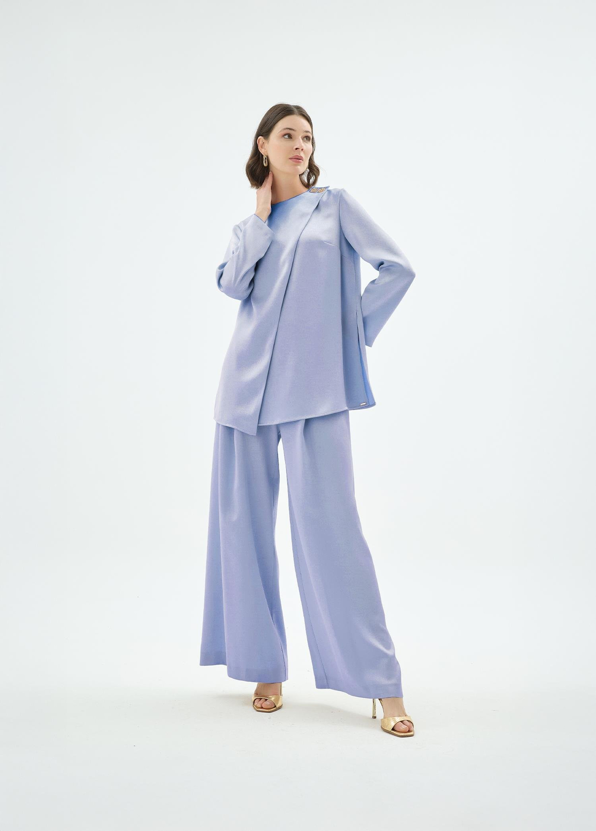 Nara Kare Düğme Detaylı Bluz ve Pantolon 2'li Takım Lavanta