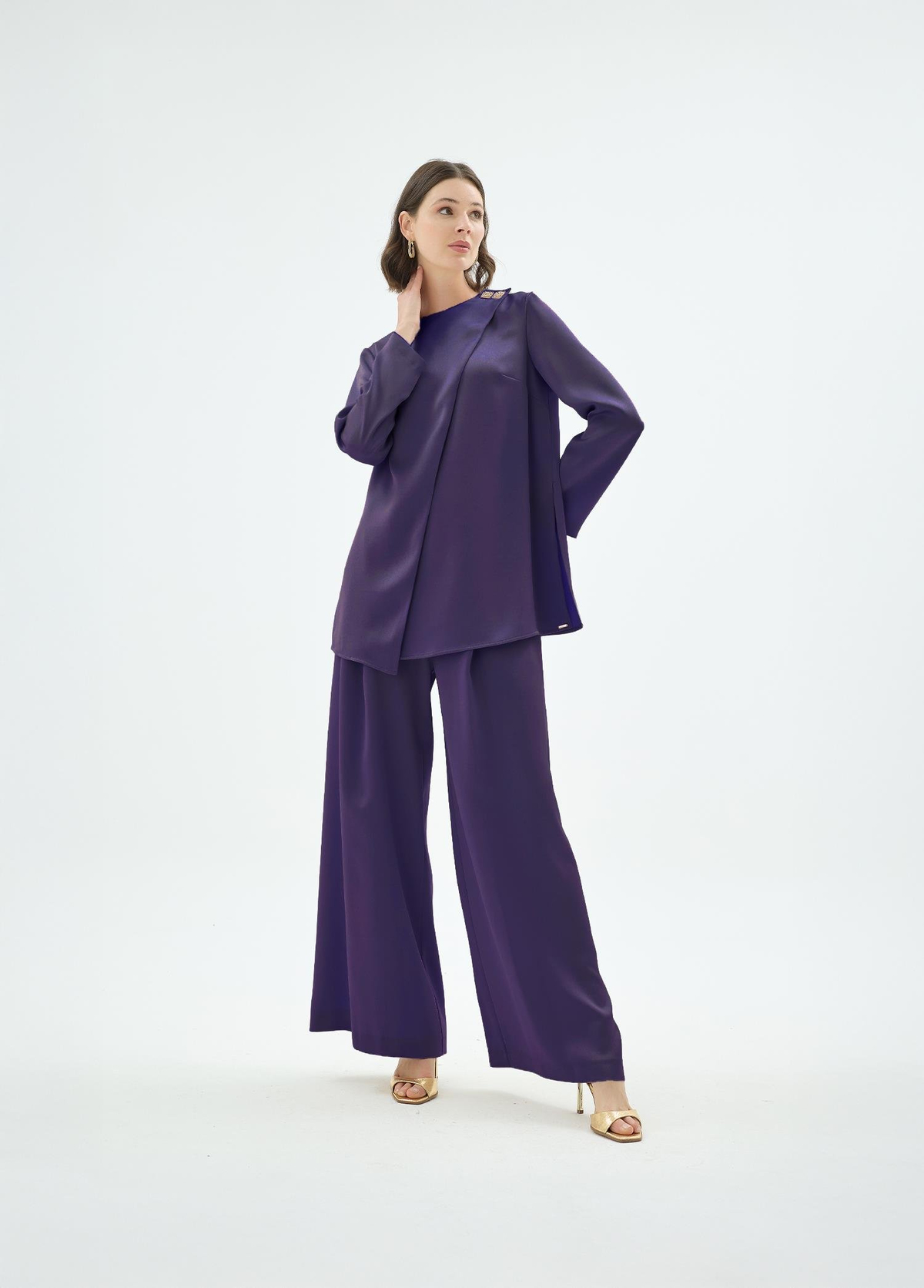 Nara Kare Düğme Detaylı Bluz ve Pantolon 2'li Takım Mor