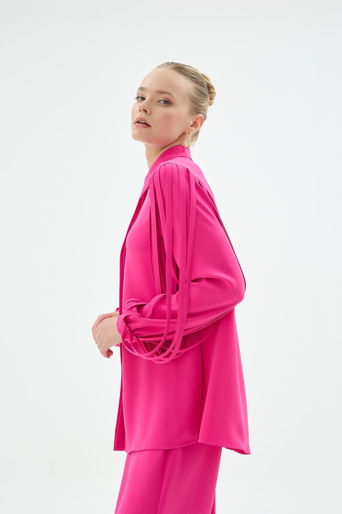 Nicole Şerit Kol Detaylı Gömlek Fuşya