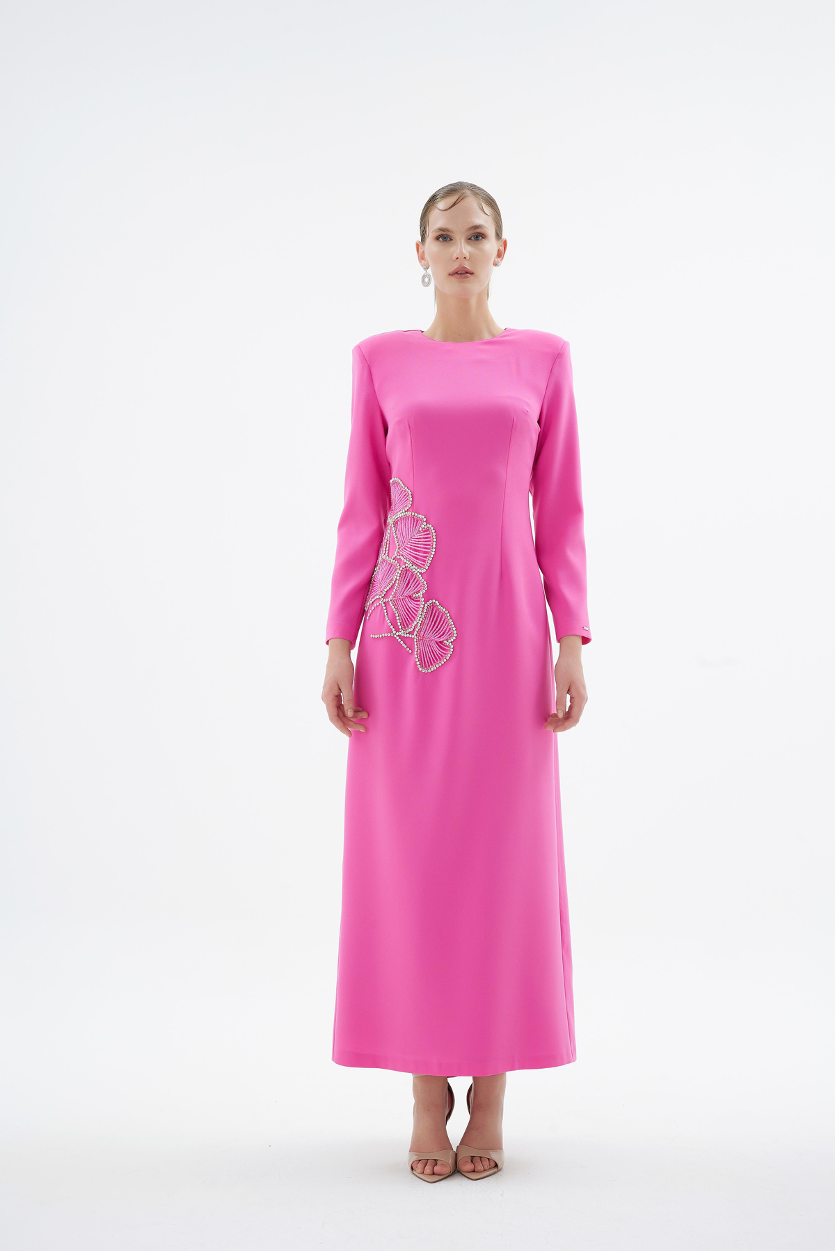 Peony Nakişli Elbise Pembe