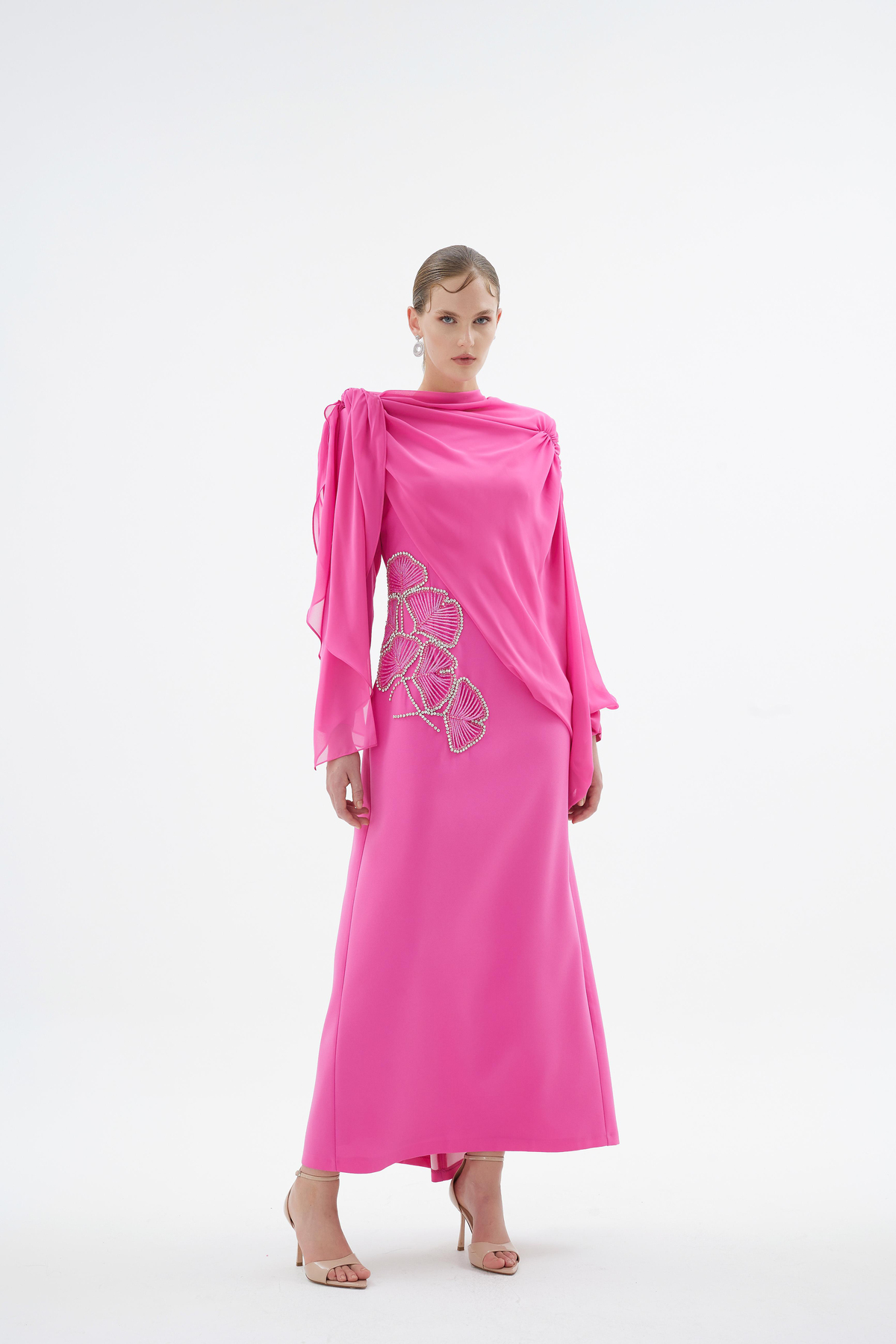 Peony Nakişli Elbise Pembe