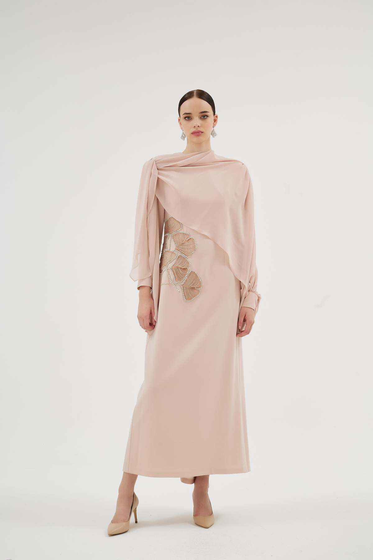 Peony Nakişli Elbise Somon