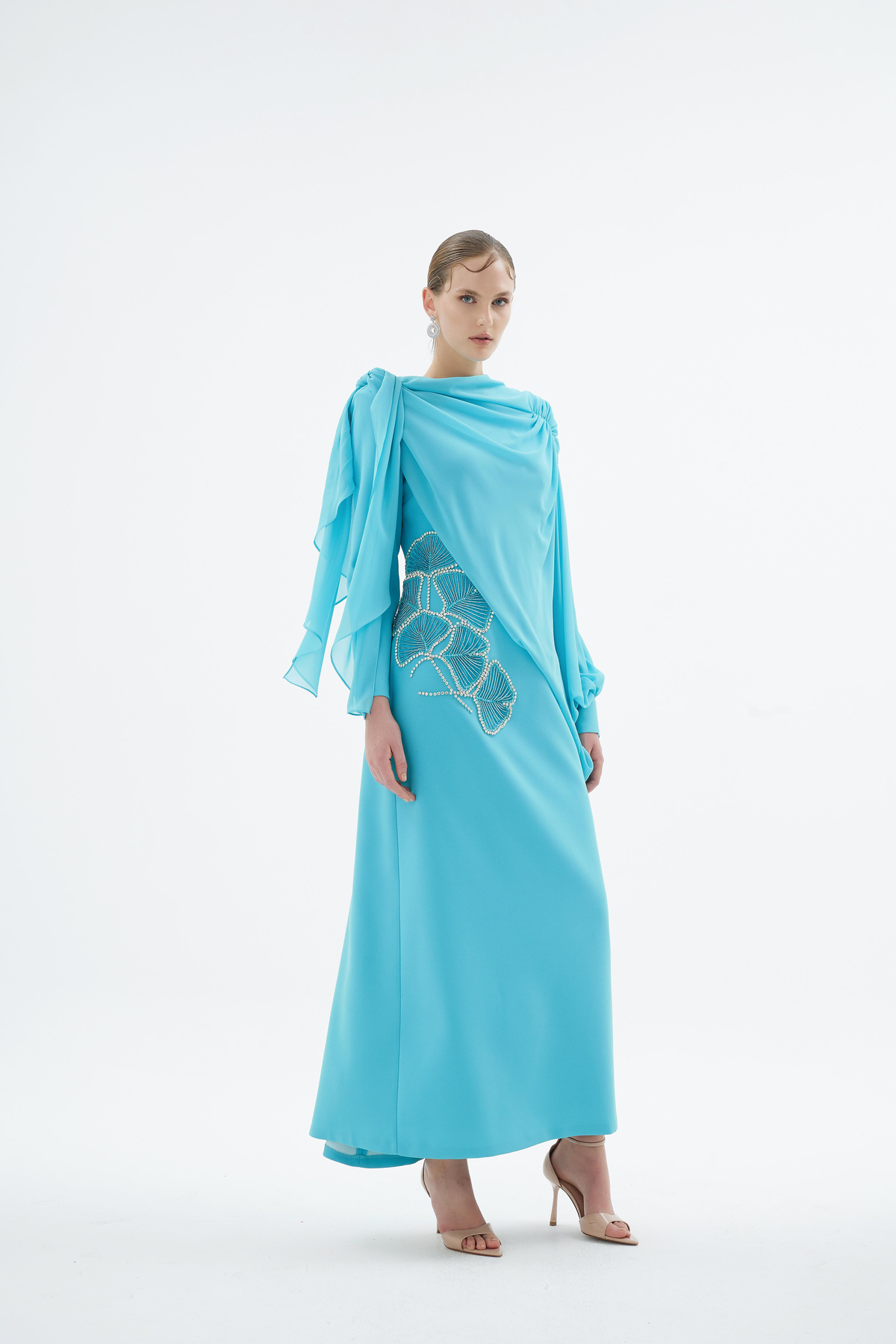 Peony Nakişli Elbise Turkuaz