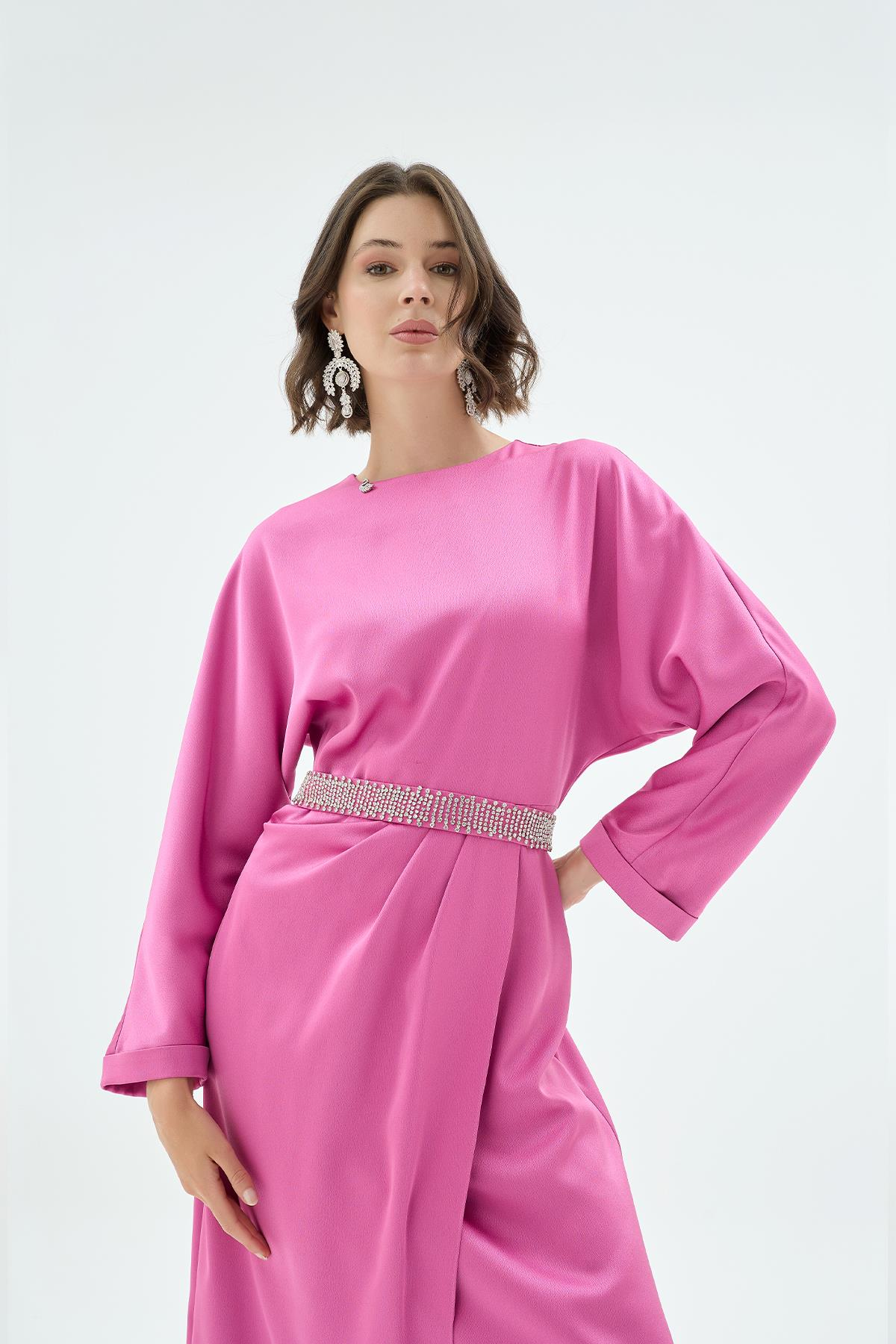 Reyna El İşleme Kemerli Elbise Fuşya