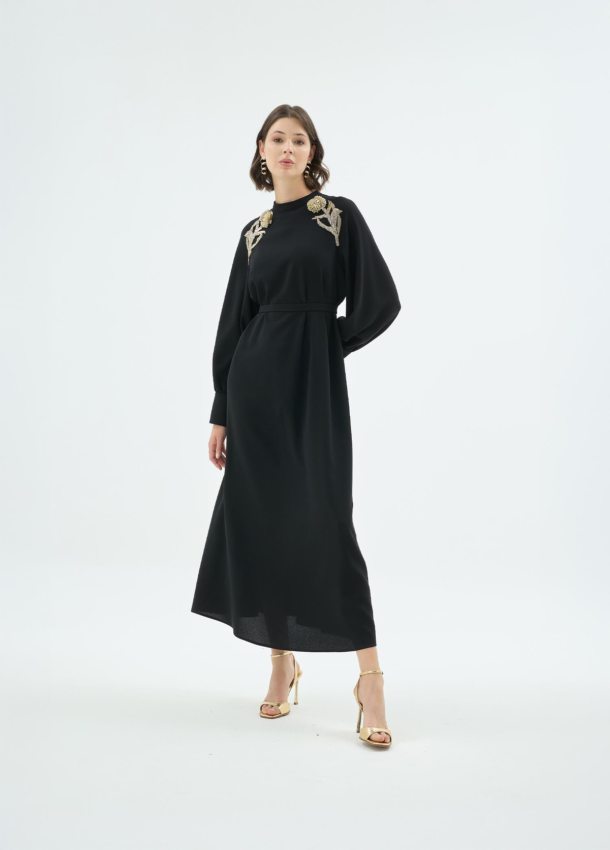 Rose El İşçiliği Gül Motifli Elbise Siyah