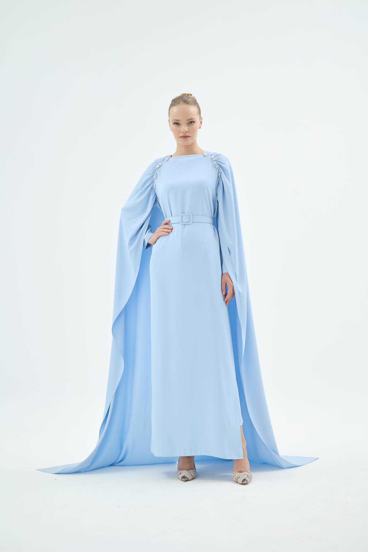 Ruby Pelerin Kol Taş Detaylı Elbise Mavi