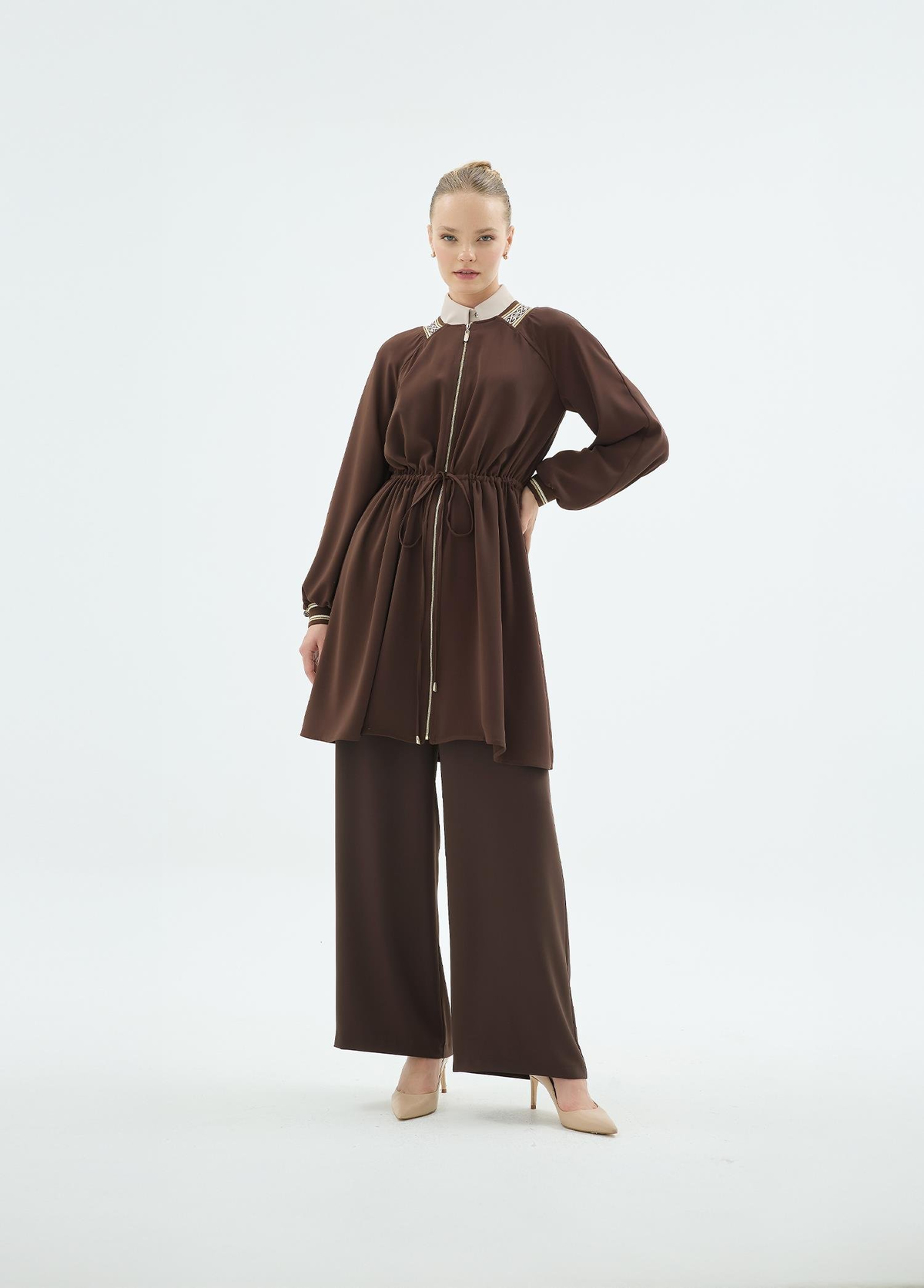 Vilma Ribanali Önü Fermuarlı Tunik ve Bol Paça Pantolon 2'li Takım Kahve
