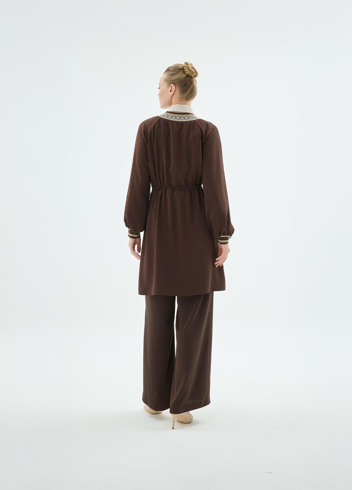 Vilma Ribanali Önü Fermuarlı Tunik ve Bol Paça Pantolon 2'li Takım Kahve