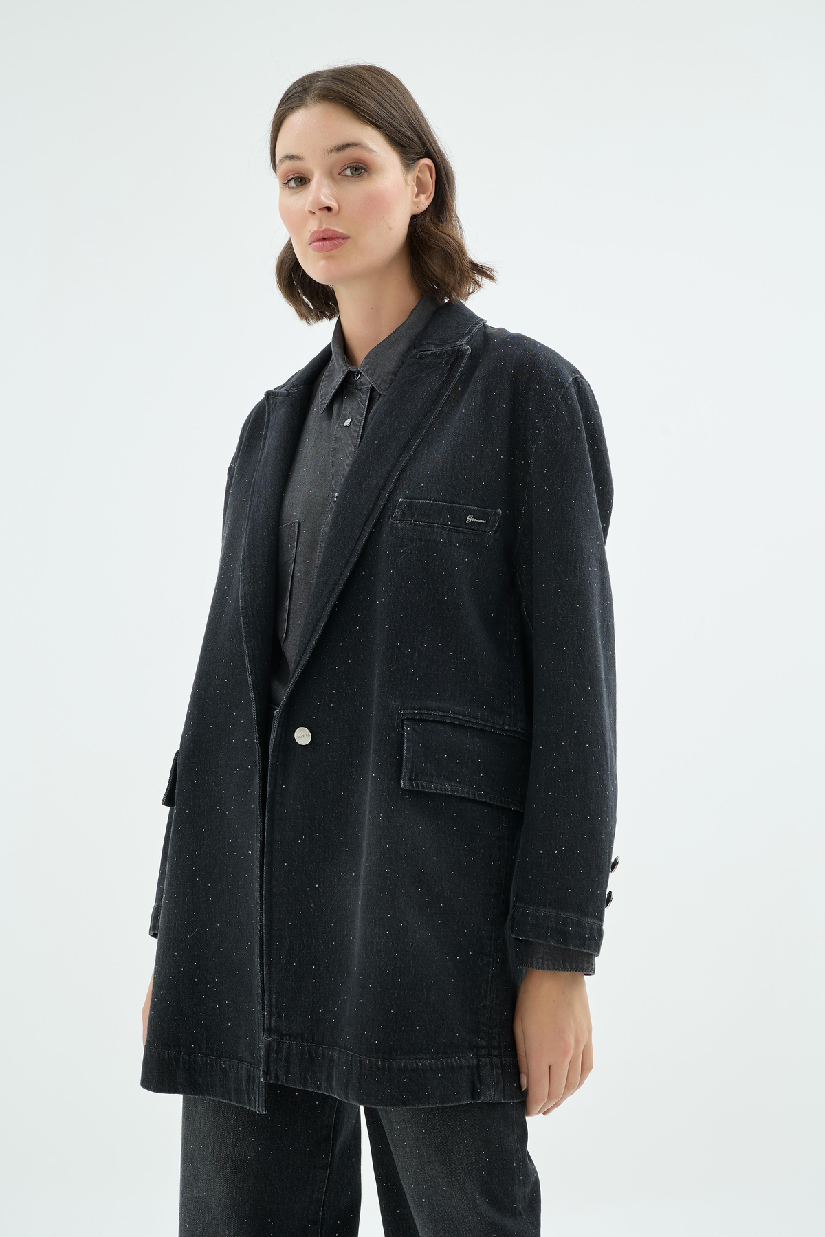 Ziva Işıltılı Taş Detaylı Denim Ceket Siyah