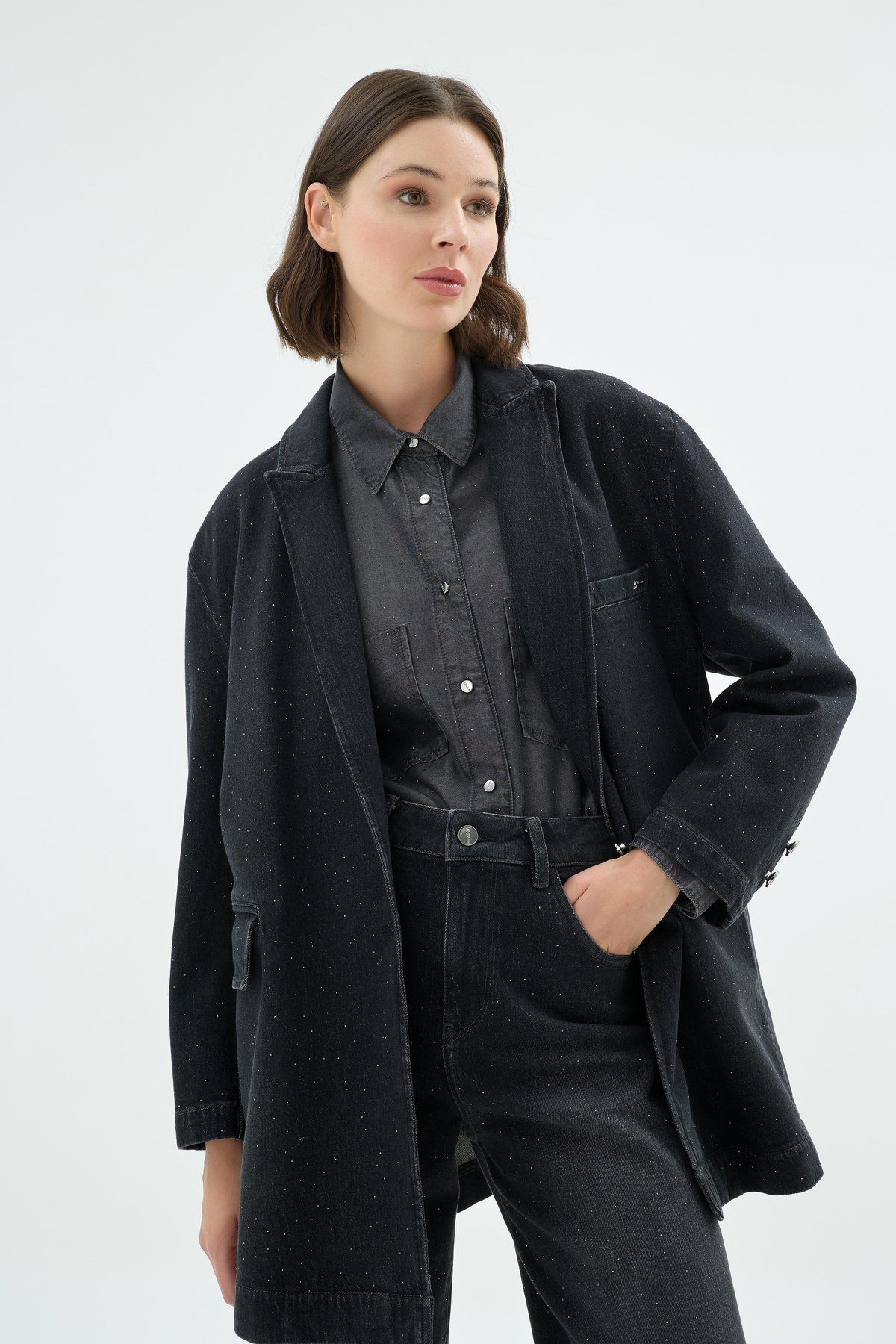 Ziva Işıltılı Taş Detaylı Denim Ceket Siyah