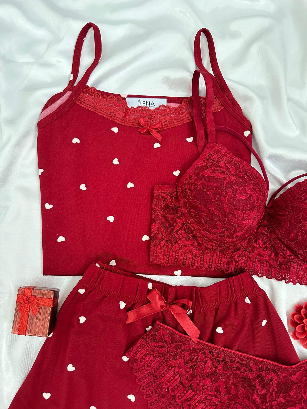  Bordo Kalp Desenli Dörtlü Şortlu Pijama Takımı