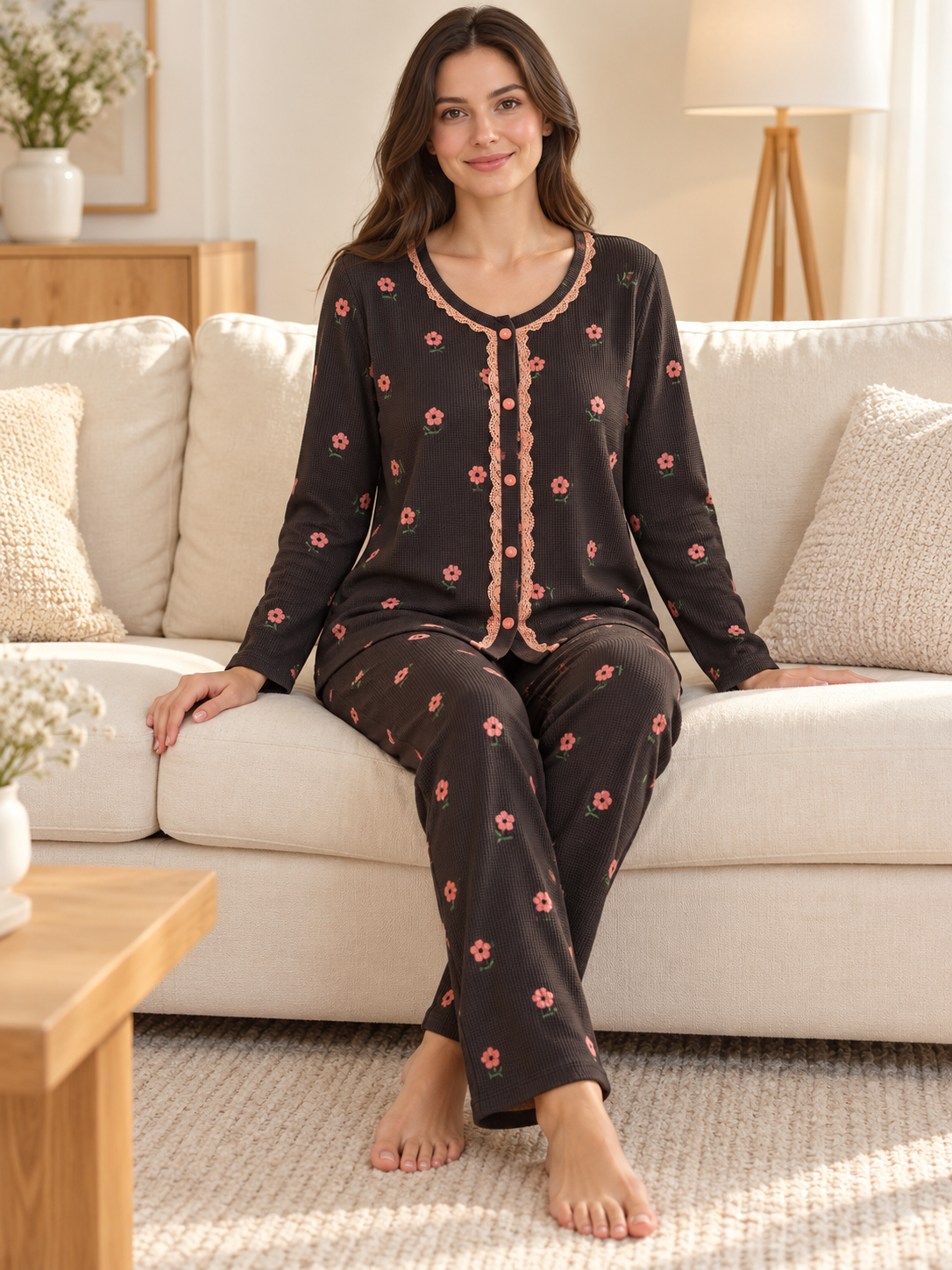  Kahverengi Gül Desenli Waffle Uzun Kollu 4'lü Pijama Takımı