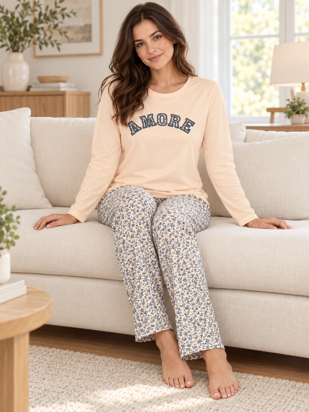 Bej Amore Pamuklu Uzun Kollu Pijama Takımı