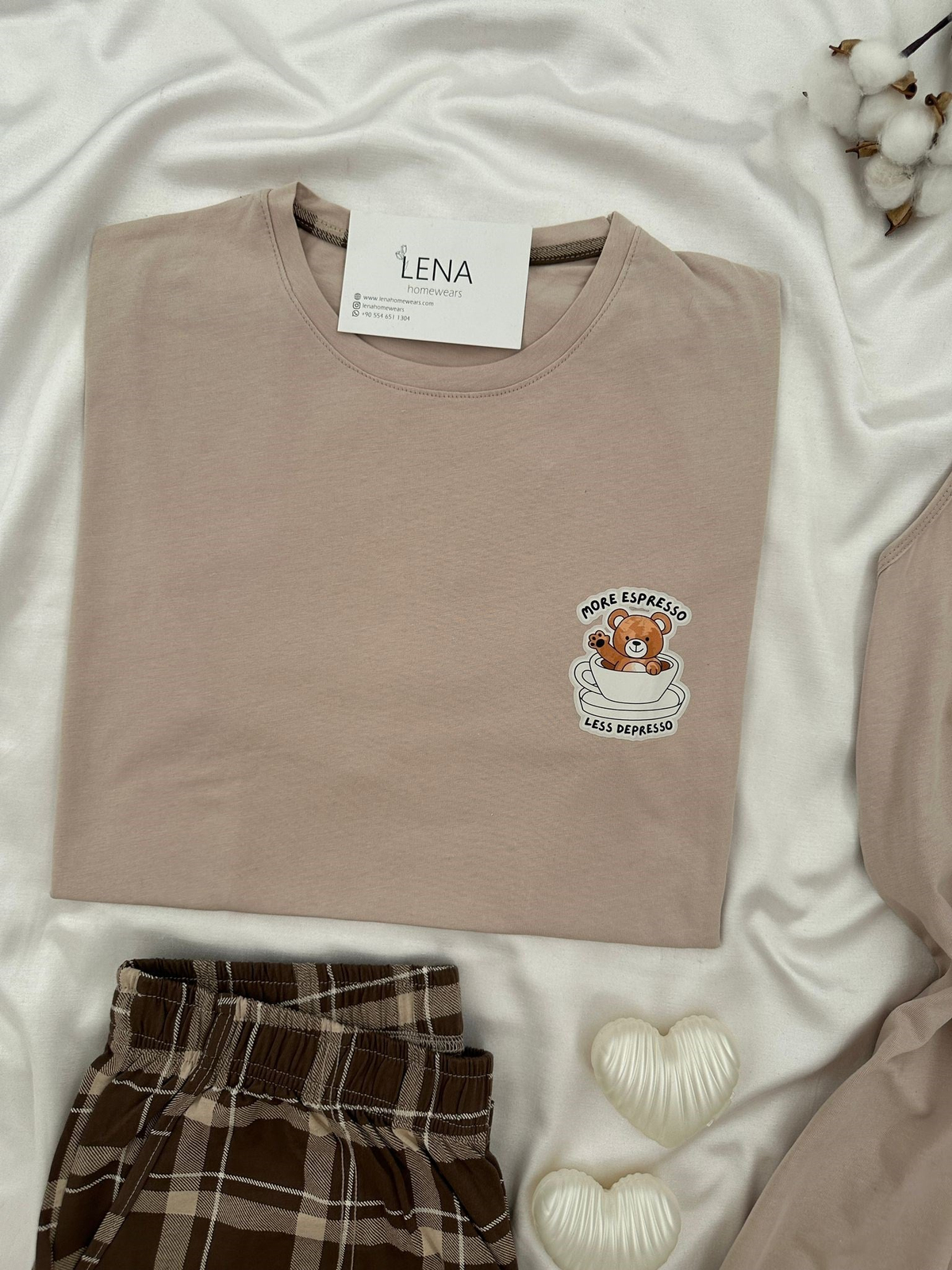 Bej Ayıcık Gecelikli Çift Pijama Takımı
