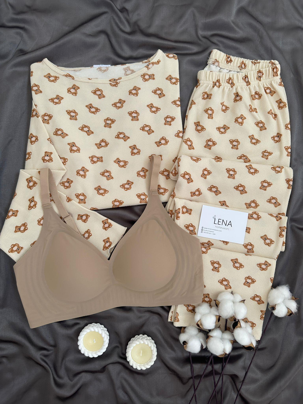 Bej Ayıcık Kol Detaylı Üç Parça Takım