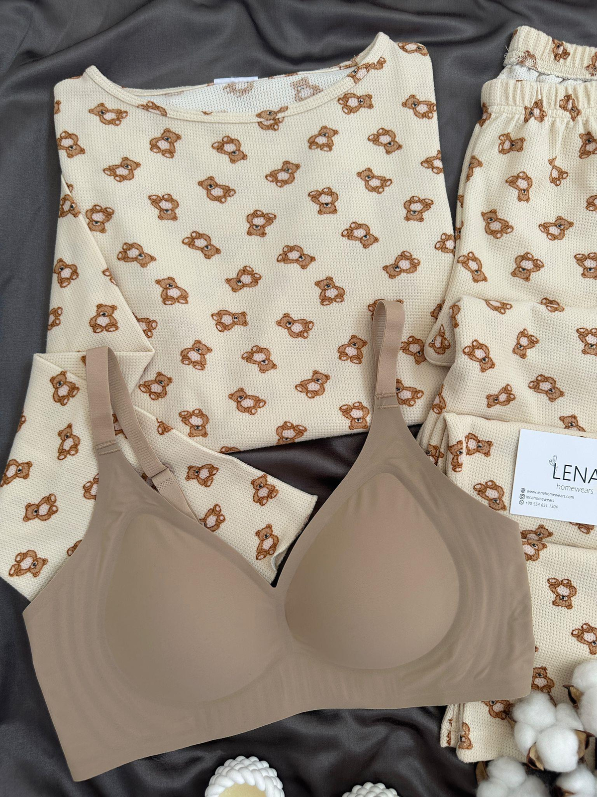 Bej Ayıcık Kol Detaylı Üç Parça Takım